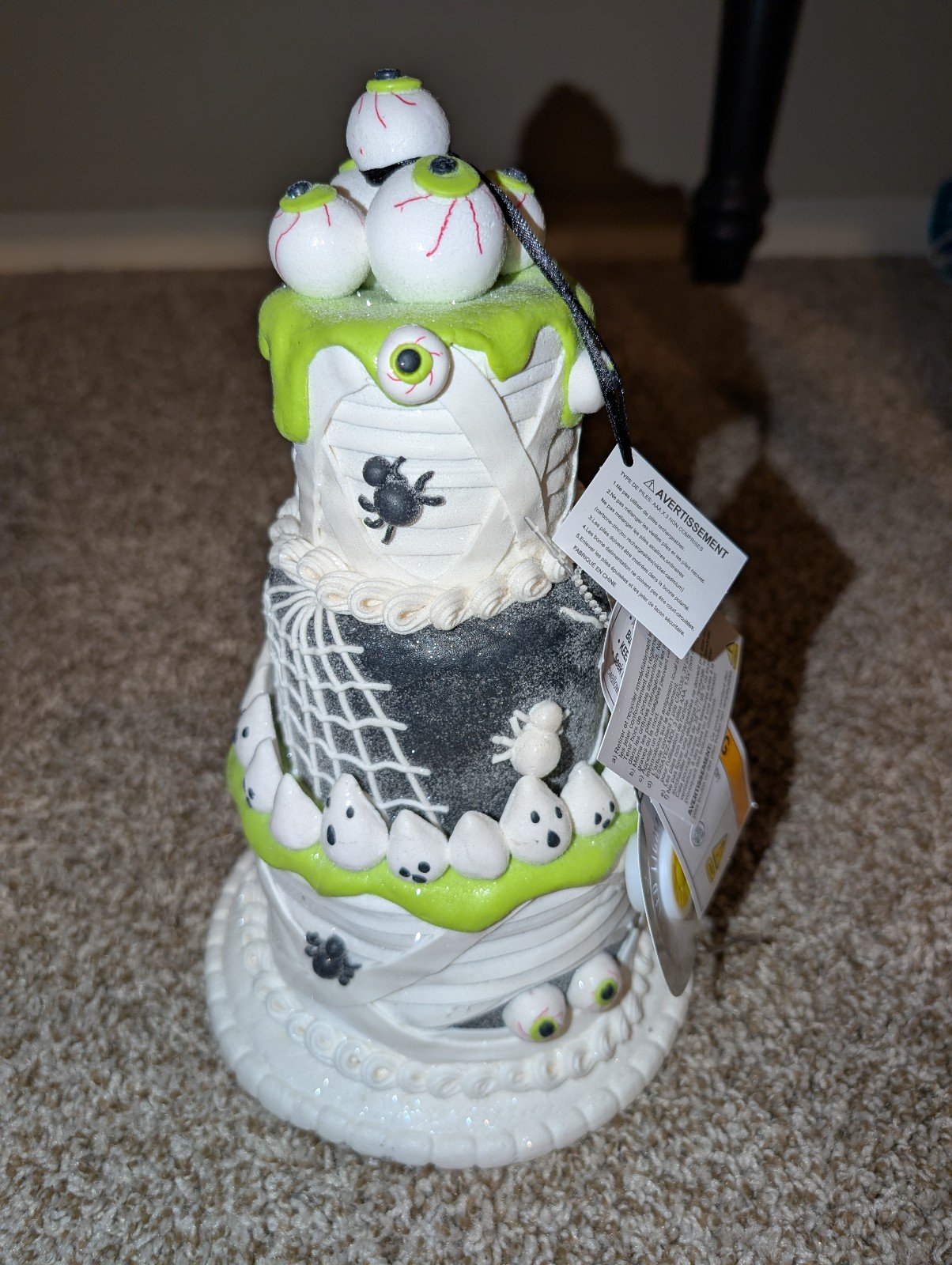 GHOULISH Halloween Light Up Mummy Eyeballs Ghosts Spiders Tiered Cake Decor, NEW