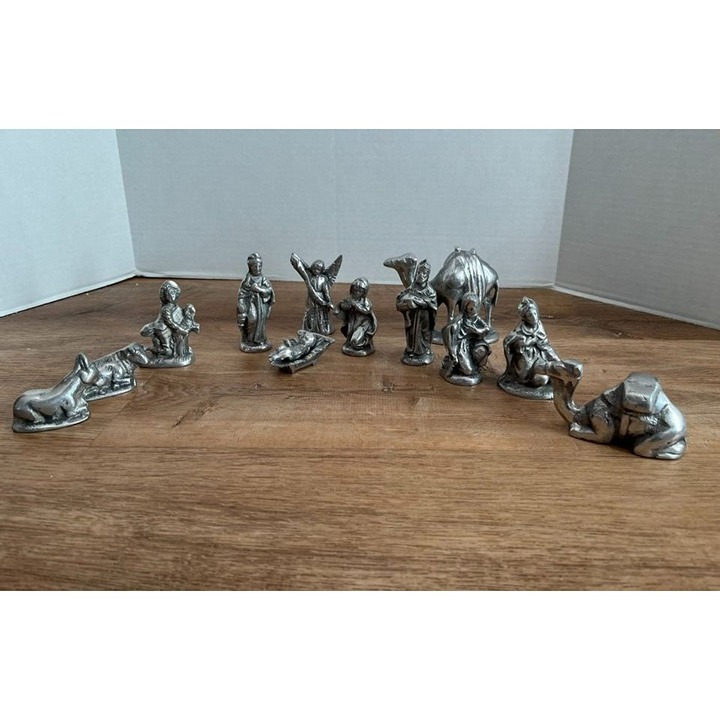 Gorgeous Vintage Handmade Pewter Nativity Set 13 pieces