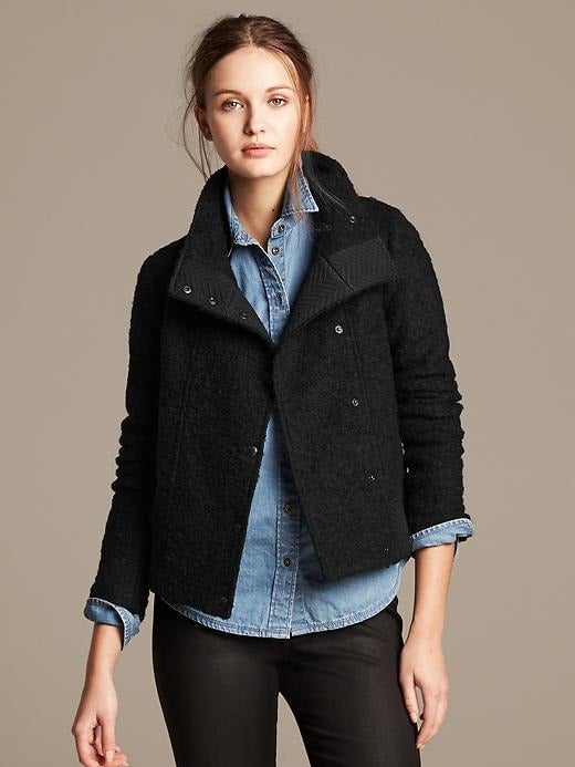 NWT Banana Republic P00 Black Fuzzy Wool Boucle Funnel Neck Teddy Moto Jacket