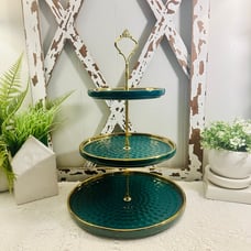 3 Tier Emerald Green and Gold Ceramic Serving Tray/Tower/Stand