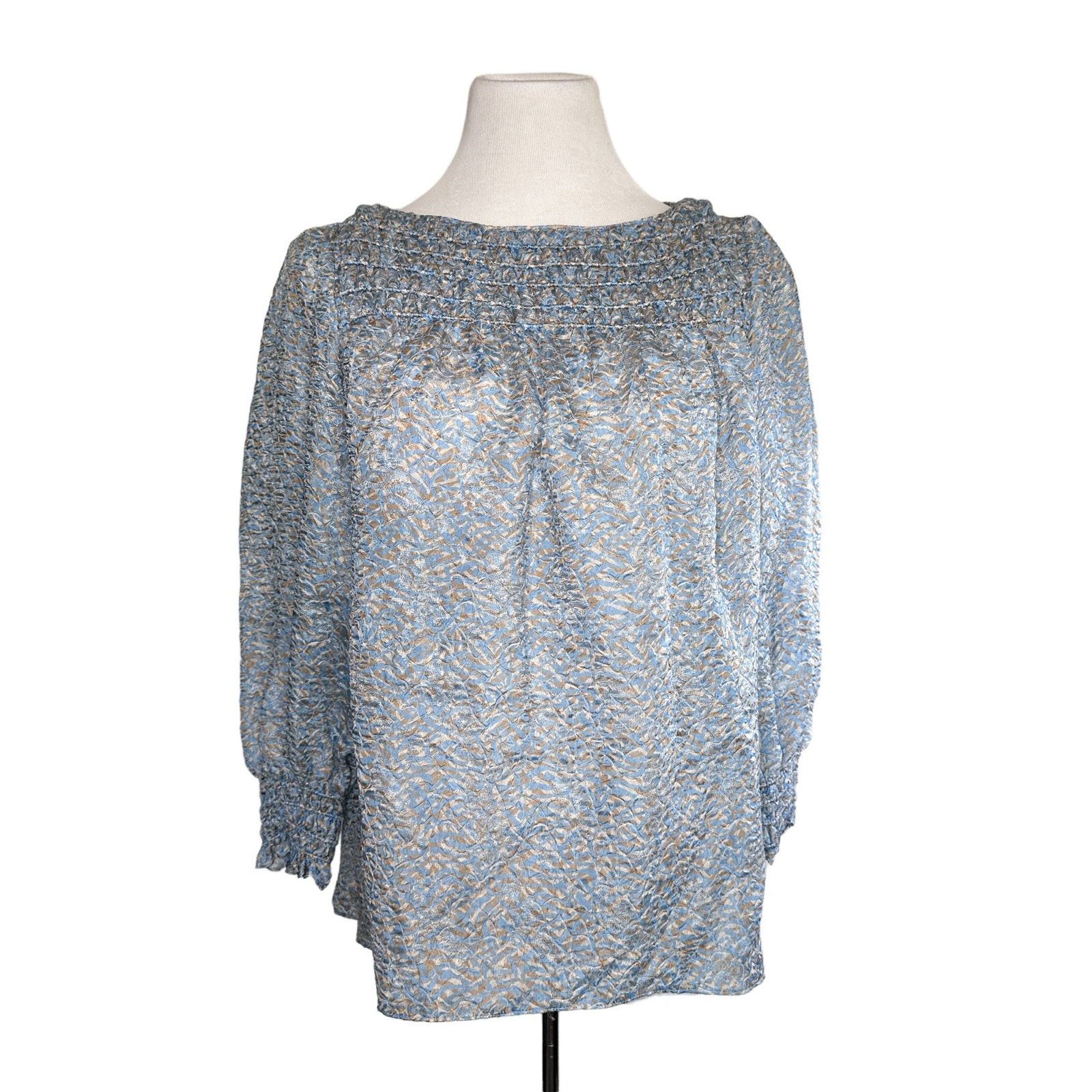 Lafayette 148 New York Silk Blend Paley Jacquard Long Sleeve Top Blue Cream XS