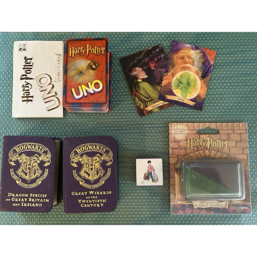 Lot of Vintage Harry Potter Uno Game, Trading Cards, Ink Pad, Toy Books 2001