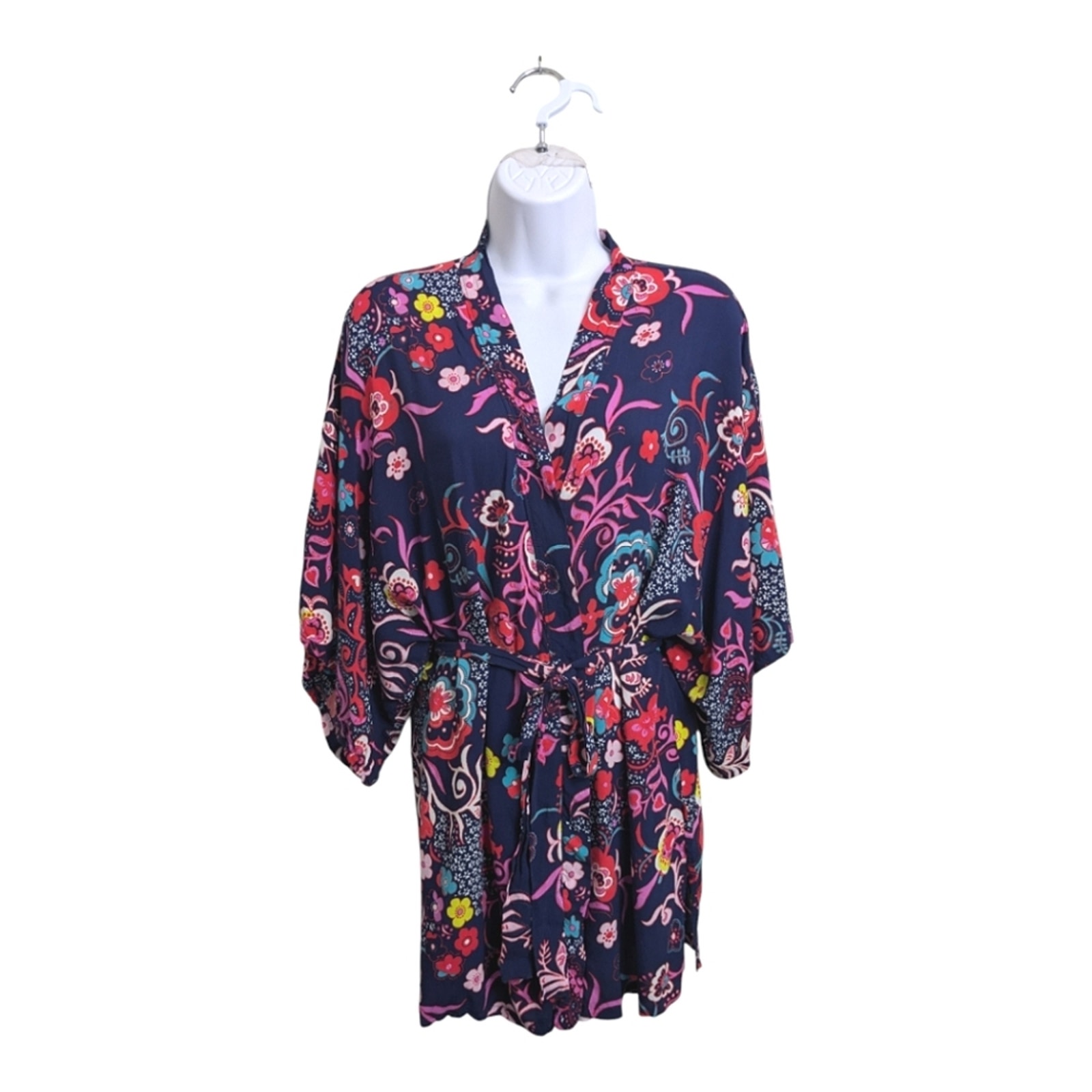 Josie Natori Women Blue Pink Floral Kimono Wrap Robe Sleepwear Front Tie Waist M