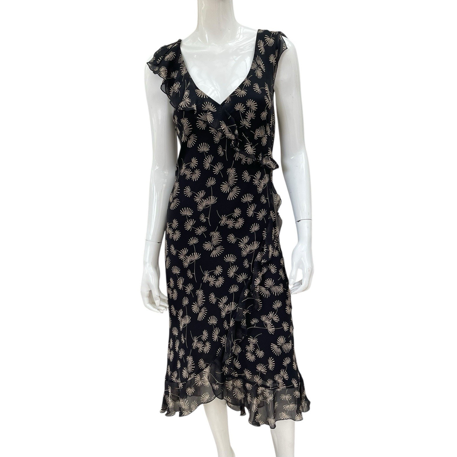 Vintage Y2K The Limited Black Floral Silk Dress Ruffle Trim 1930’s Inspired, S/M