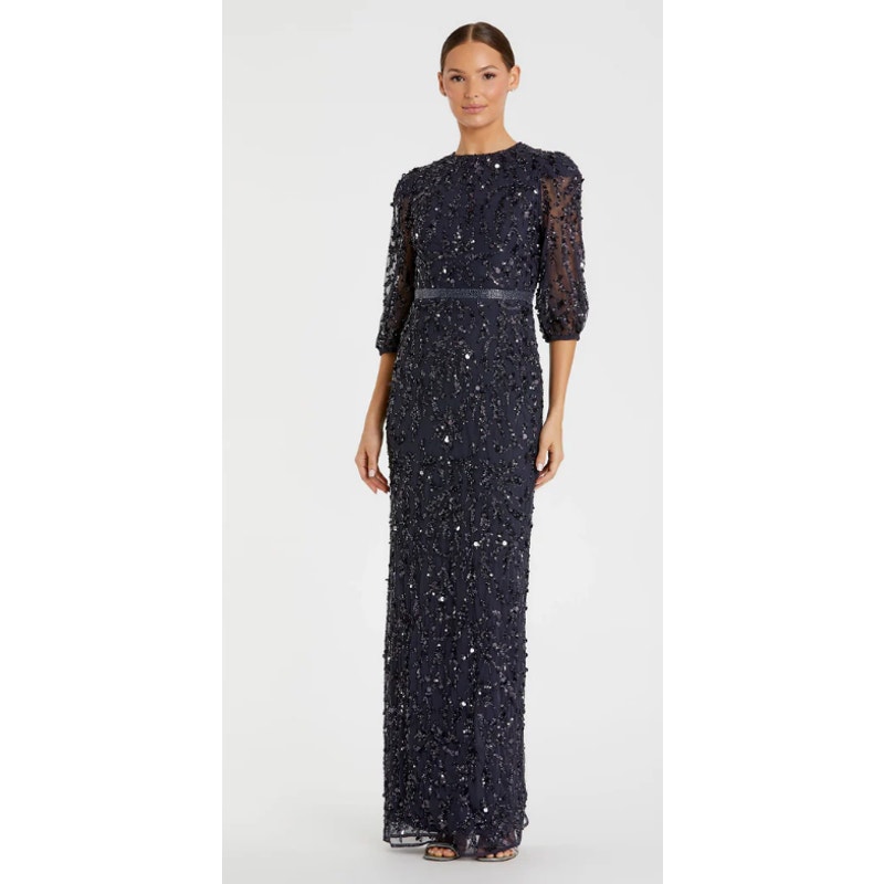 Mac Duggal 93790 Sequined Elbow Sleeve Embellished Gown Midnight Blue 8 NEW 598