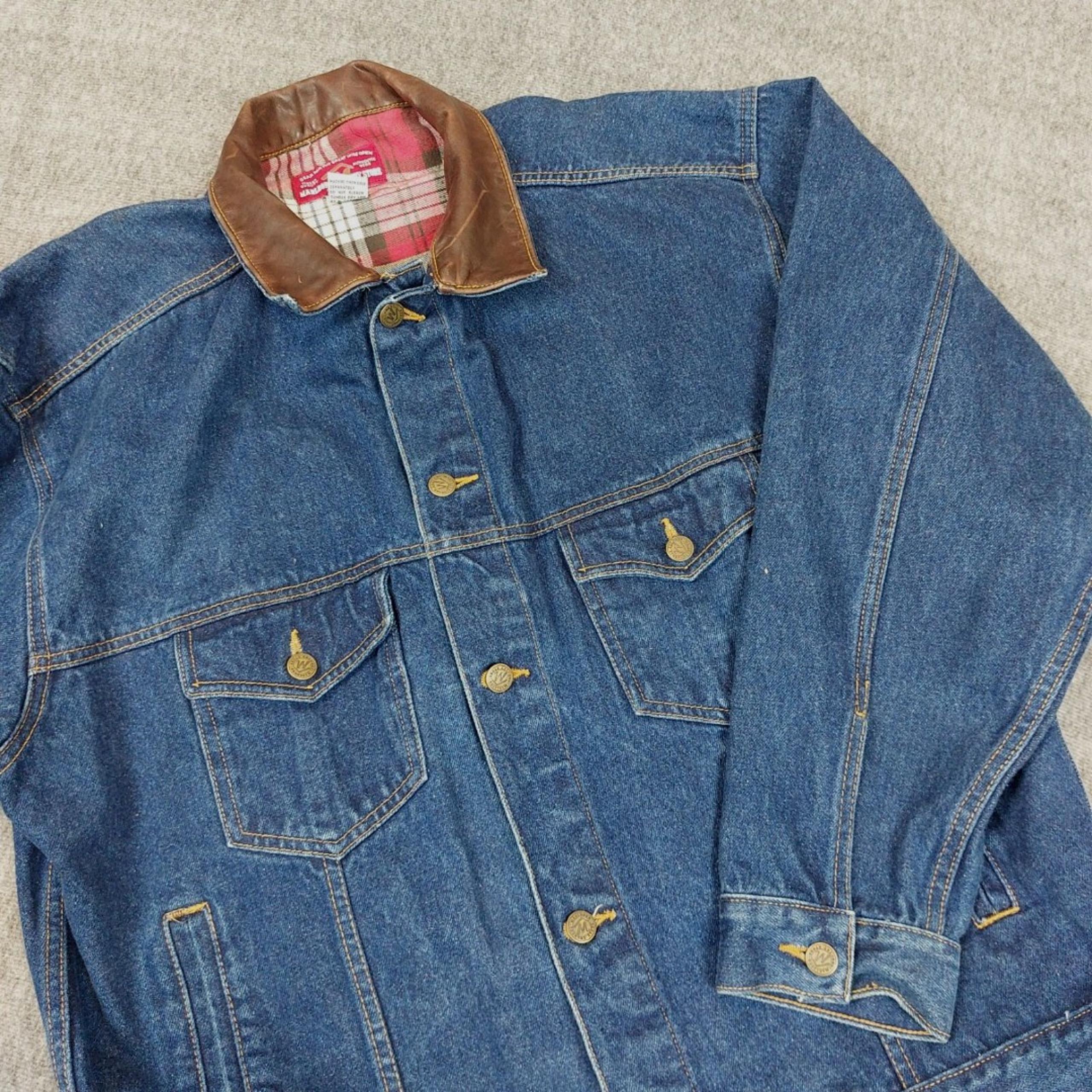 VTG Marlboro Men's Large Country Store Denim Jacket Genuine Leather Collar