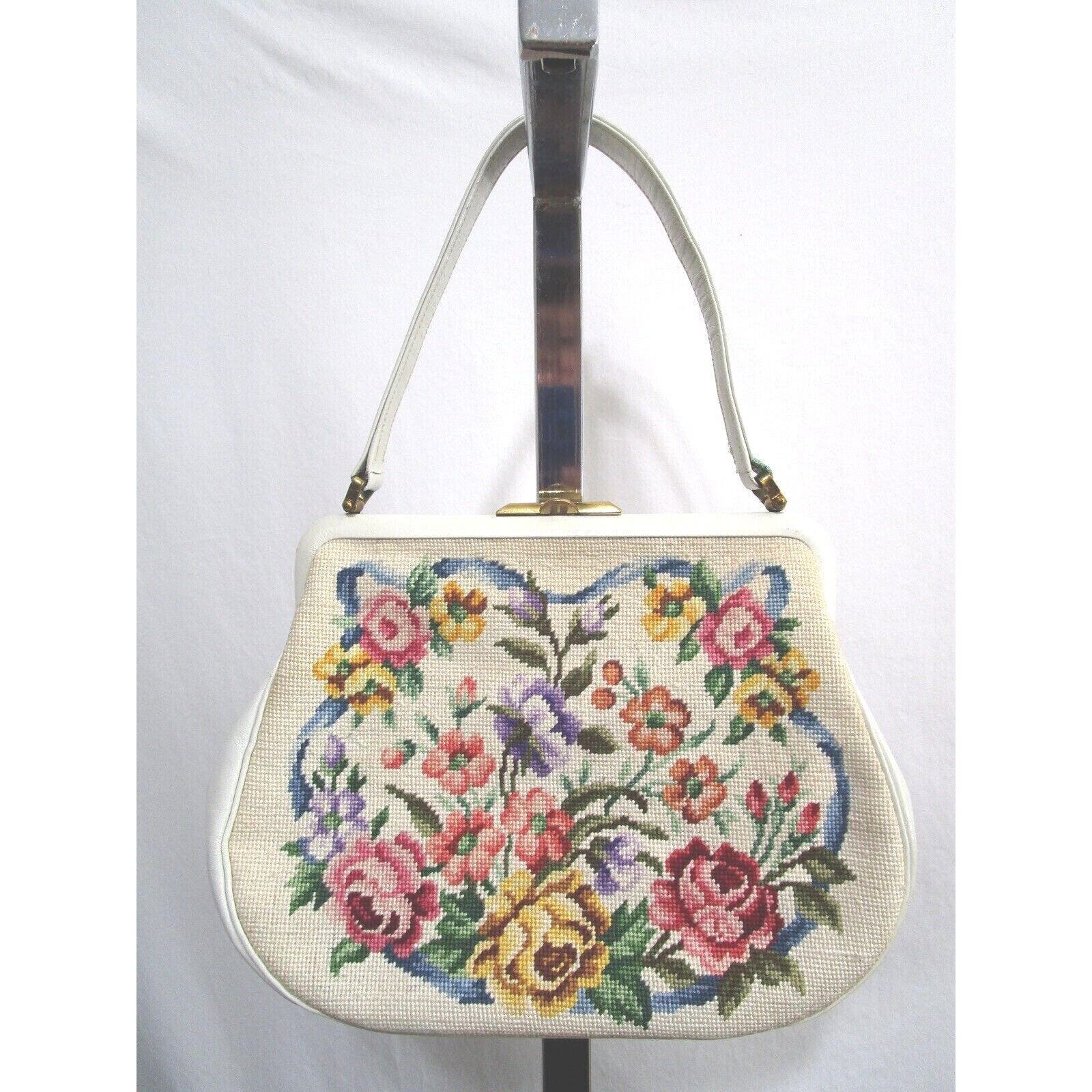 EUC! VTG 50's White Handmade in Austria Petit Point Floral Needlepoint Handbag