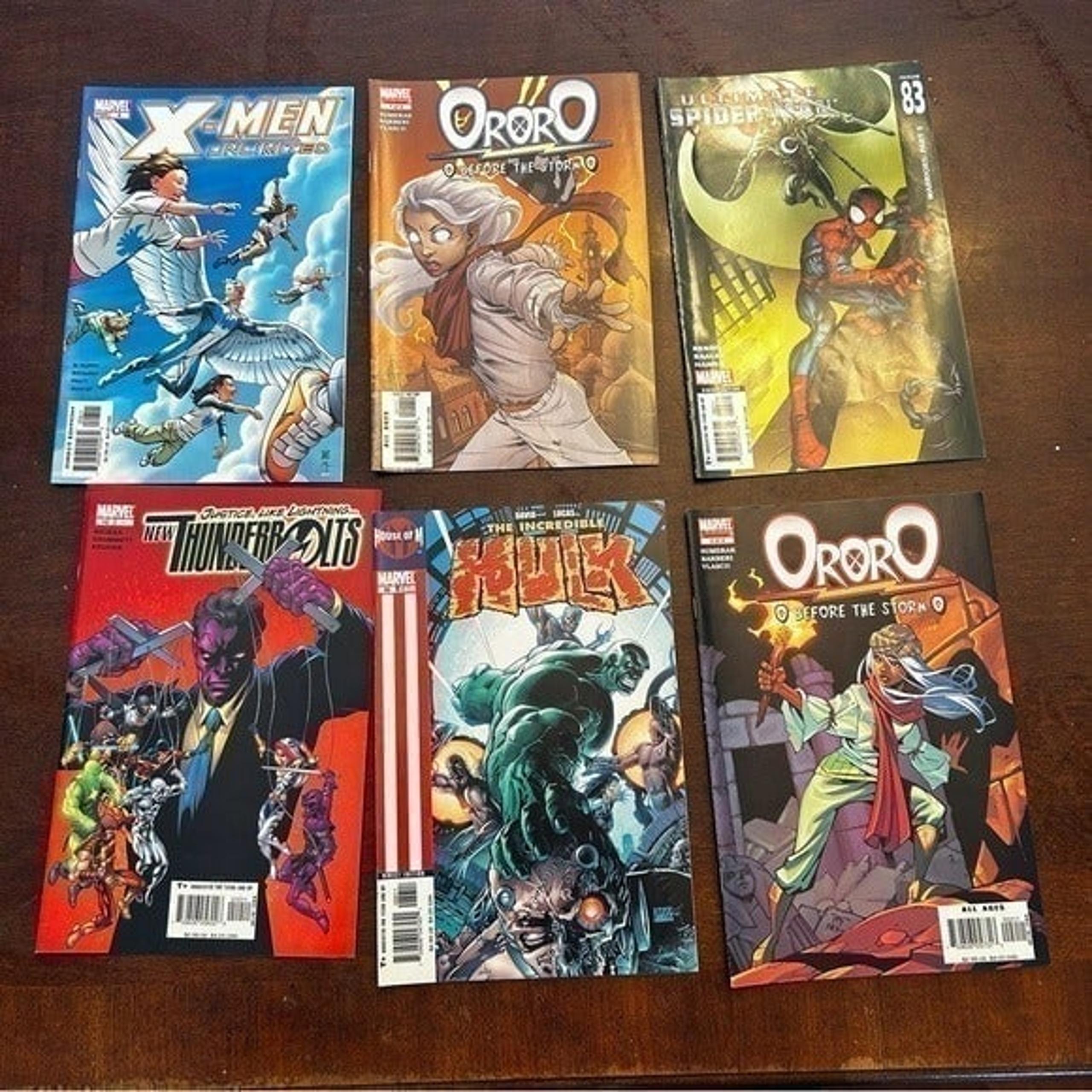 Set 6 Marvel X men, Hulk, Ororo, spider man, Thunderbolts vintage comic books