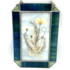 Vintage Pressed Flower Stained Glass Panel 9” X 6” Home Window Decor Blue Green