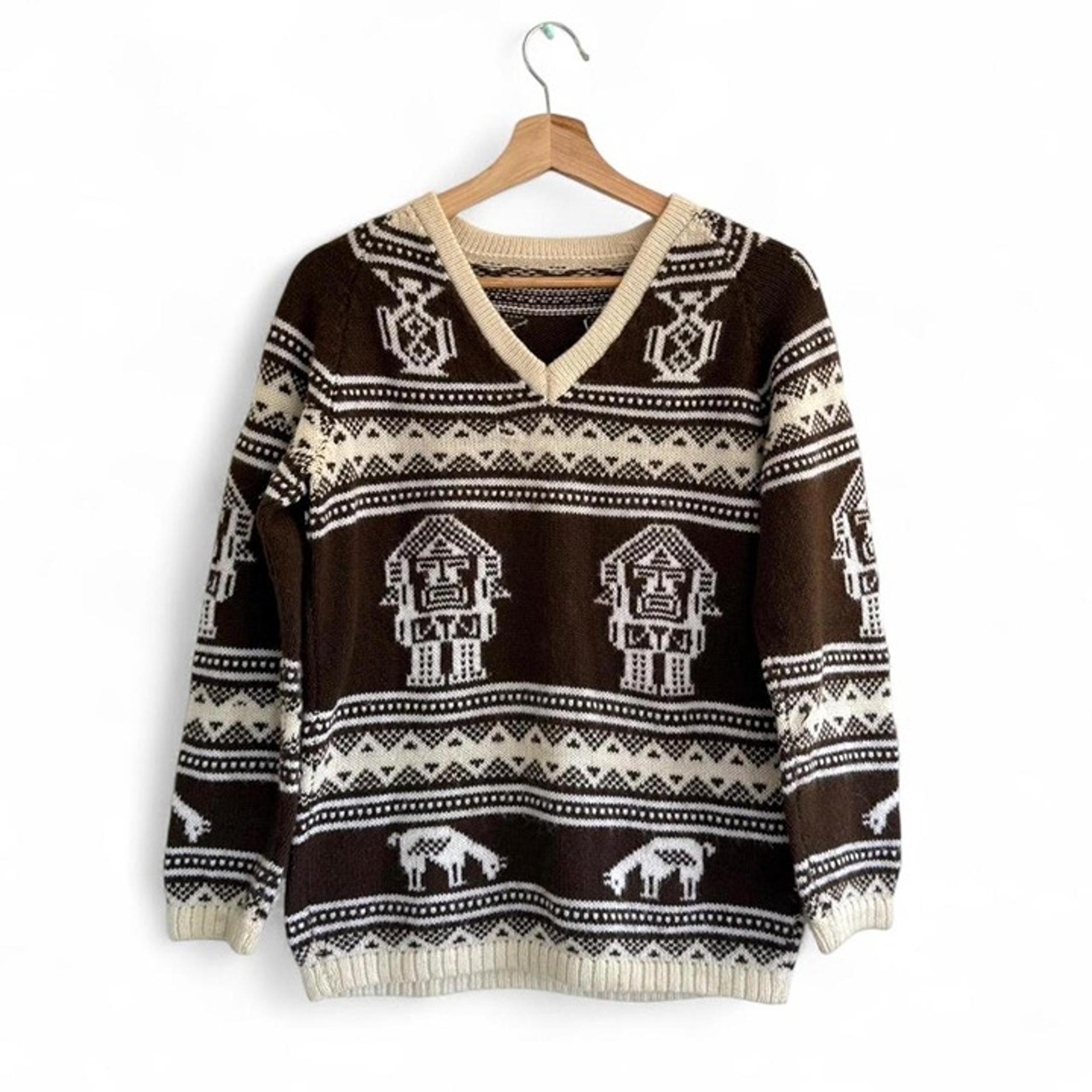 AMERICAN VINTAGE AZTEC BROWN CREAM VINTAGE V NECK KNIT SWEATER SIZE MEDIUM