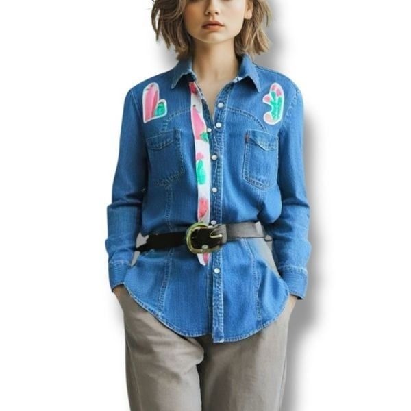 Upcycled Denim Western Shirt Pink Cactus Applique OOAK Medium Wash Chambray