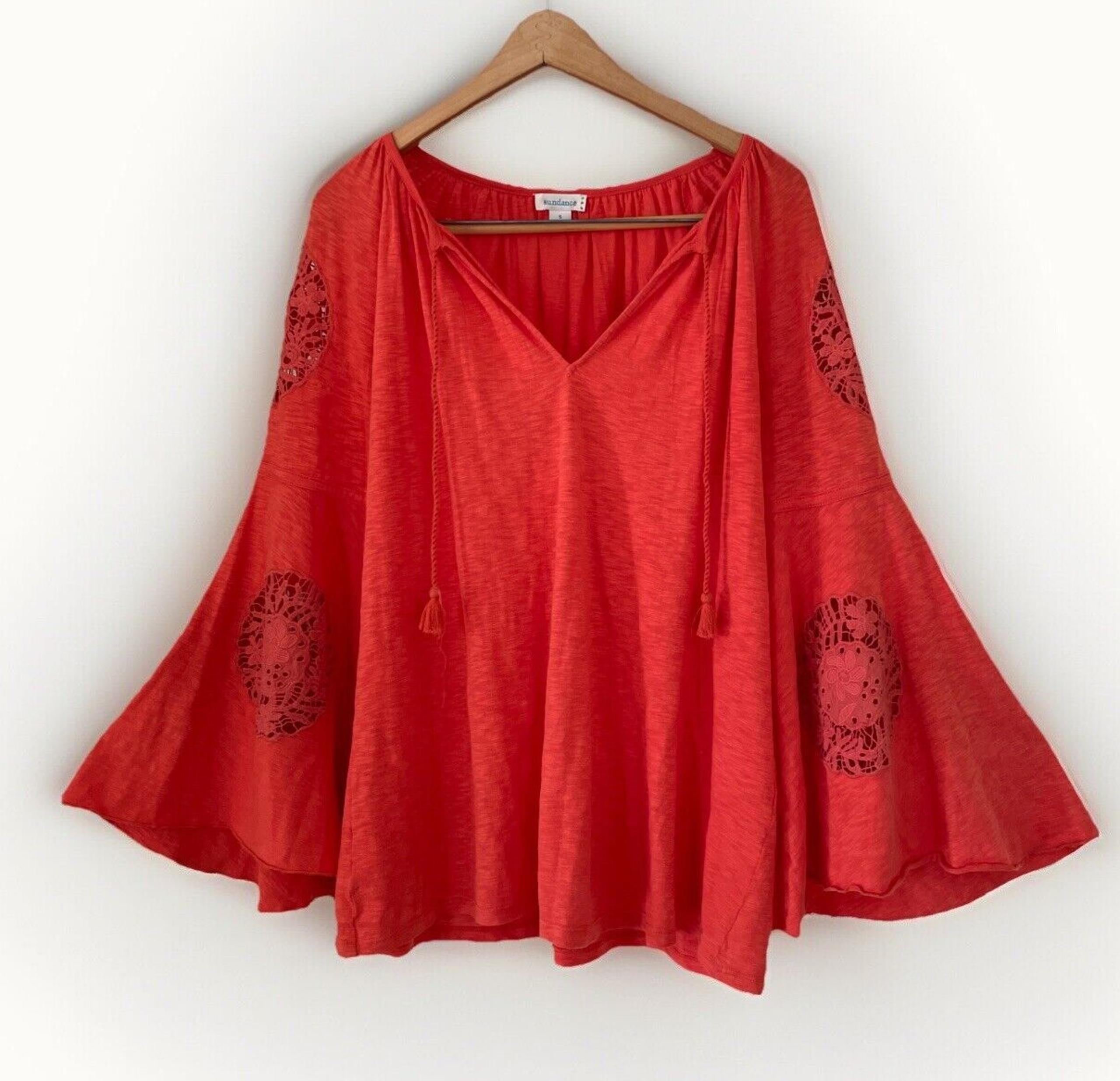 SUNDANCE Bell Sleeve Peasant Top Size S Embroidered Open Lace Oversized Cotton