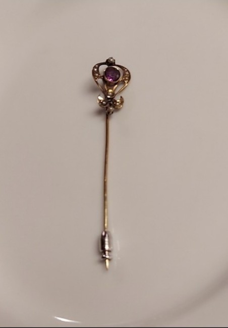 Victorian Gold Amethyst & 11 Seed Pearls Stick Stick Pin 4th Generation Rare!