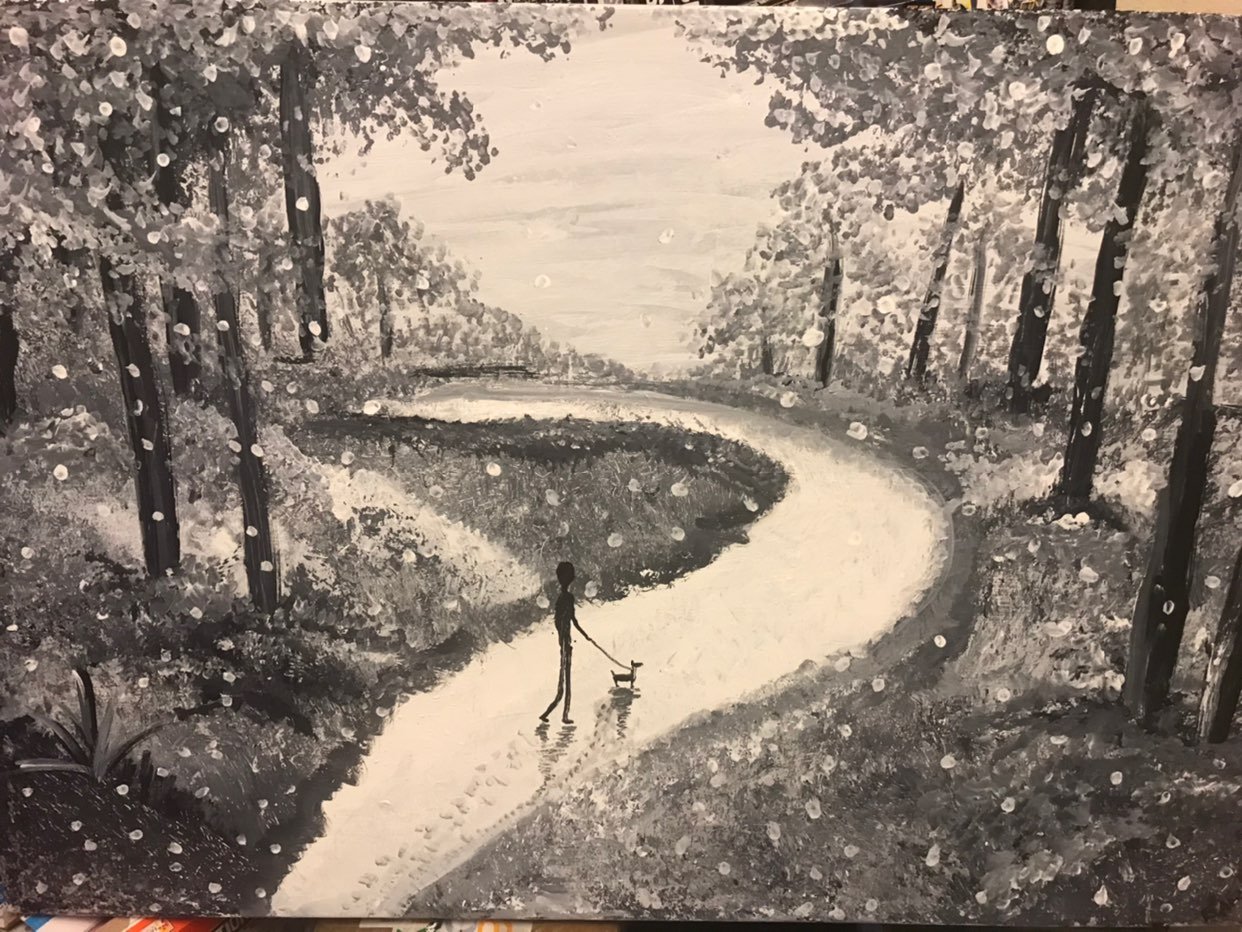 Alien walks dog huge painting