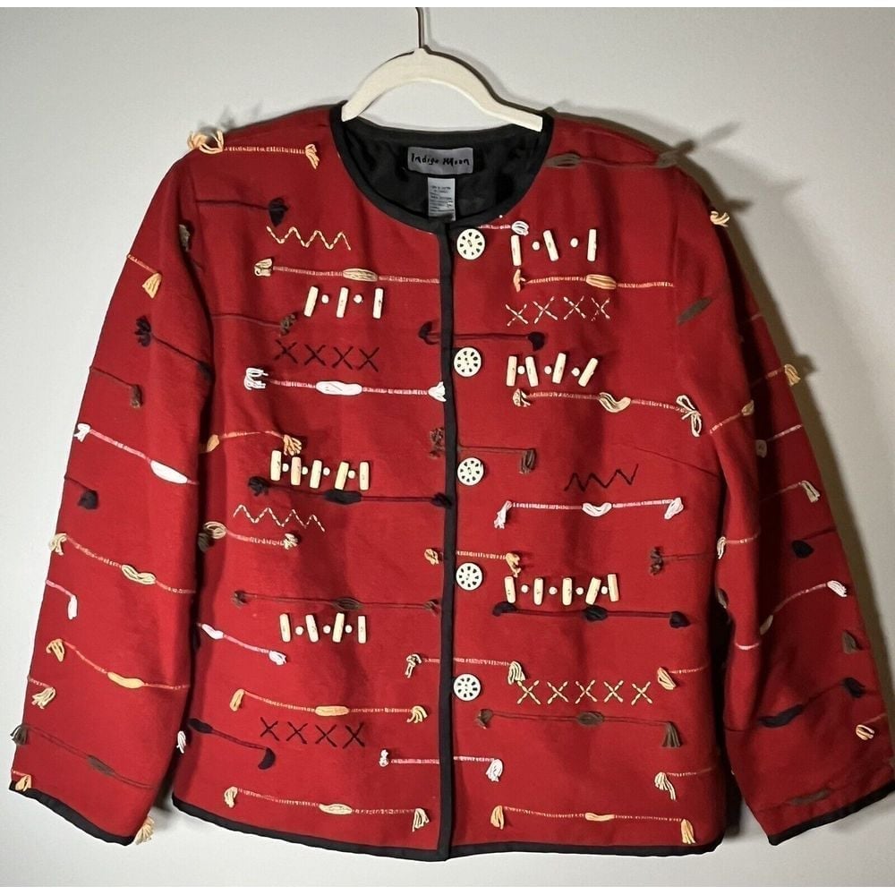 Vintage Indigo Moon Red Button Front Artsy Beaded Tapestry Jacket Size Large VTG