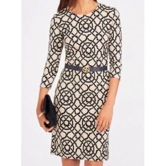 NWT Womens Size Medium J. McLaughlin Tan Devon Ponte Scribe Print Knit Dress NEW