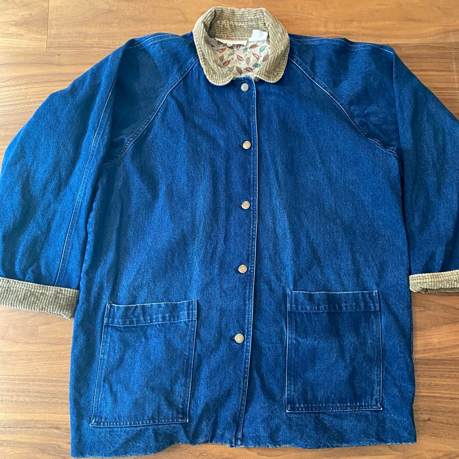 Vintage Denim Chore Jacket Quilt Starburst Patch Corduroy Collar Lined L/M
