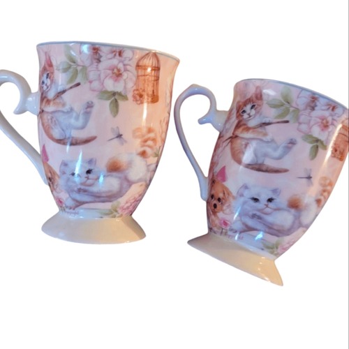 Vintage Summer River Pastel Floral Cat Dog Art Tea Cup Set Of 2