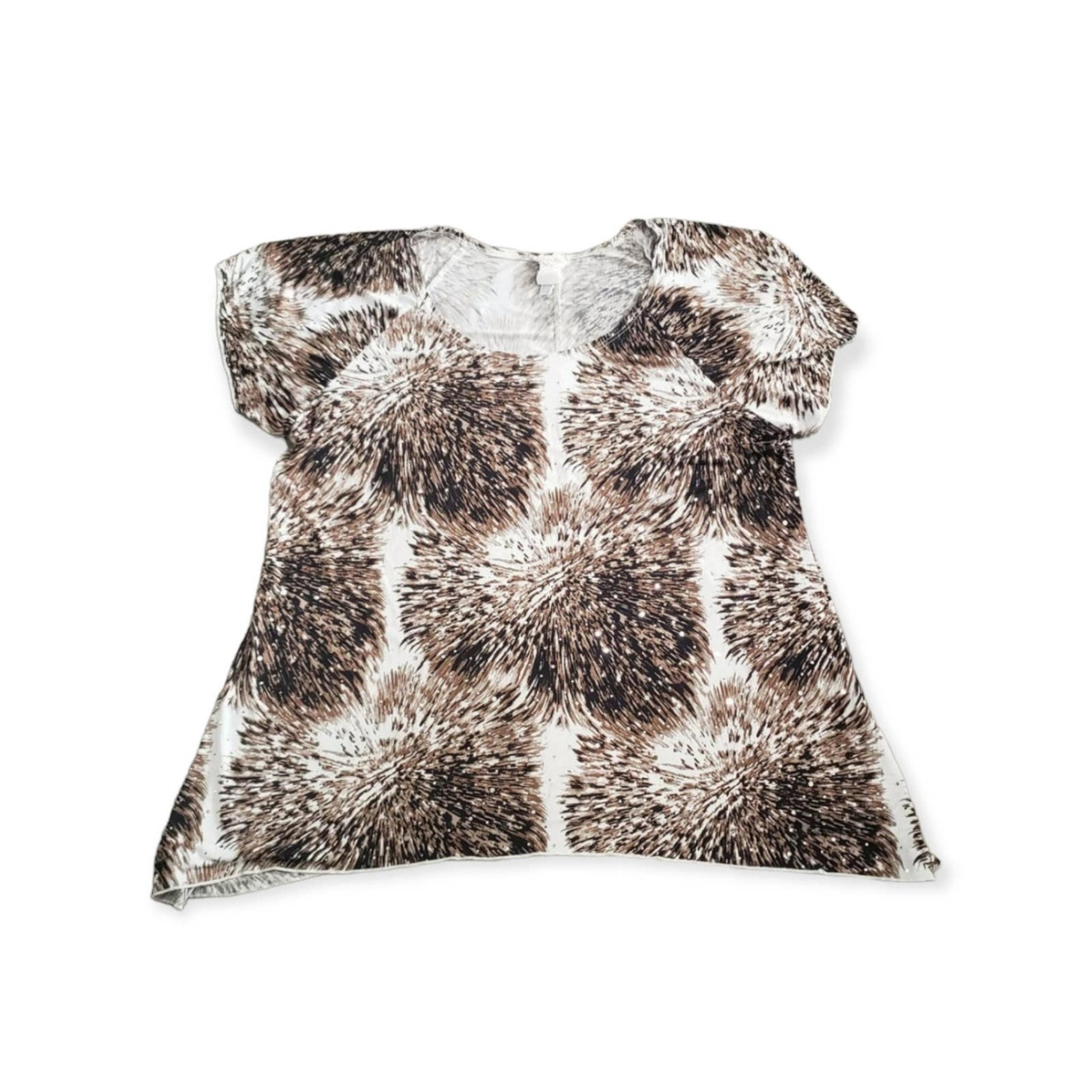 Brittany Black Brown Animal Feather w. Silver Decor Short Sleeved Stretch Blouse