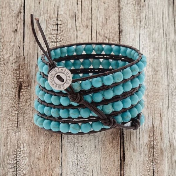 Victoria Emerson Classic Wrap Turquoise on Brown Leather Bracelet with Dustbag