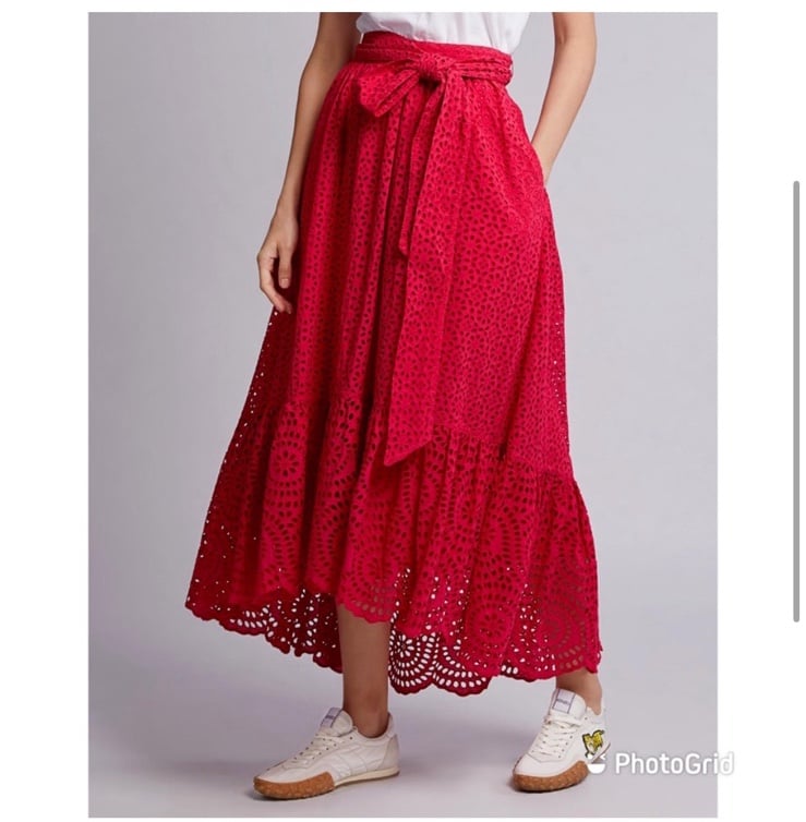 ULLA JOHNSON Lindley Pink Floral Lace Eyelet Midi Skirt Size 2