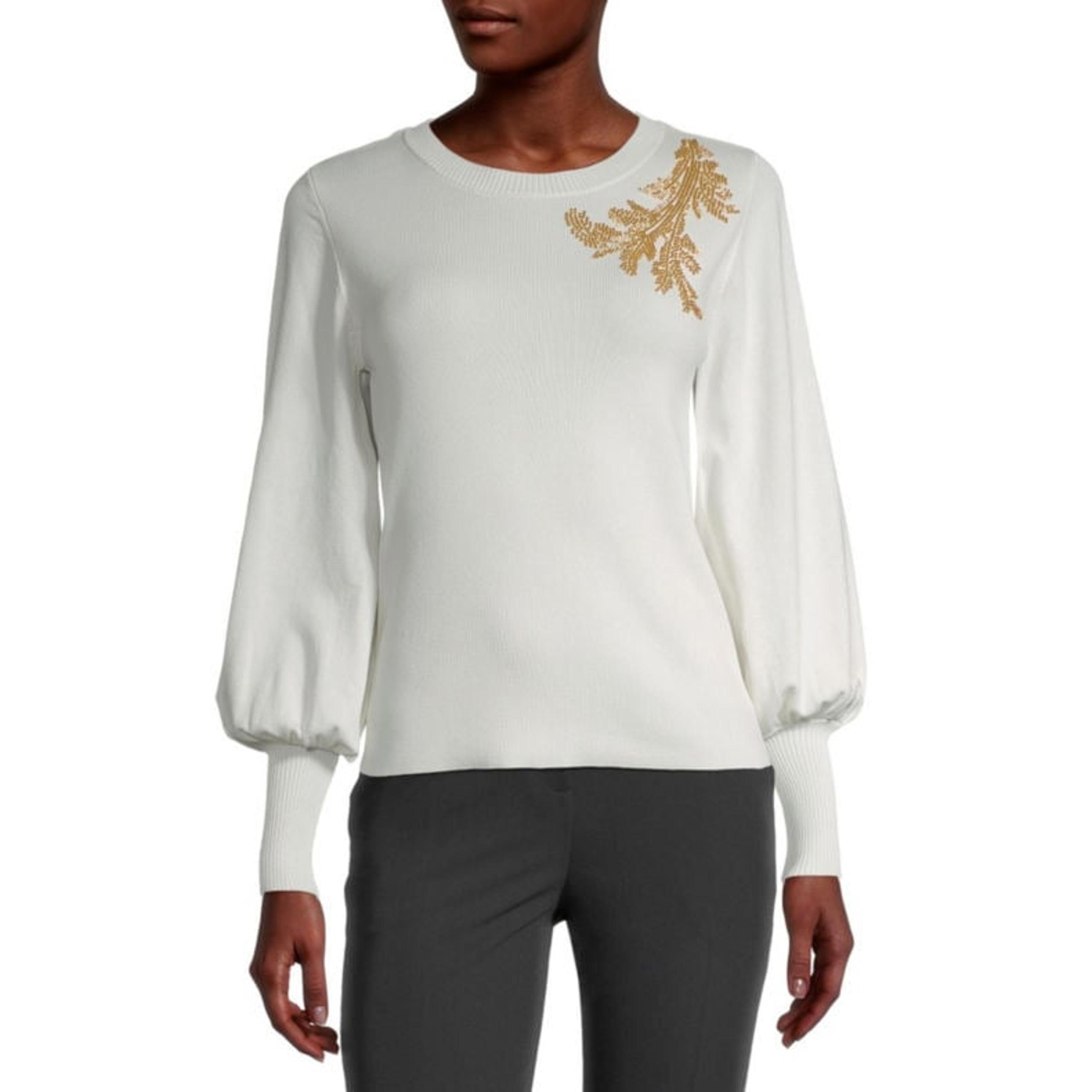 Worthington, Crew Neck Long Sleeve Sweater w/ Beading, White, Sz Large