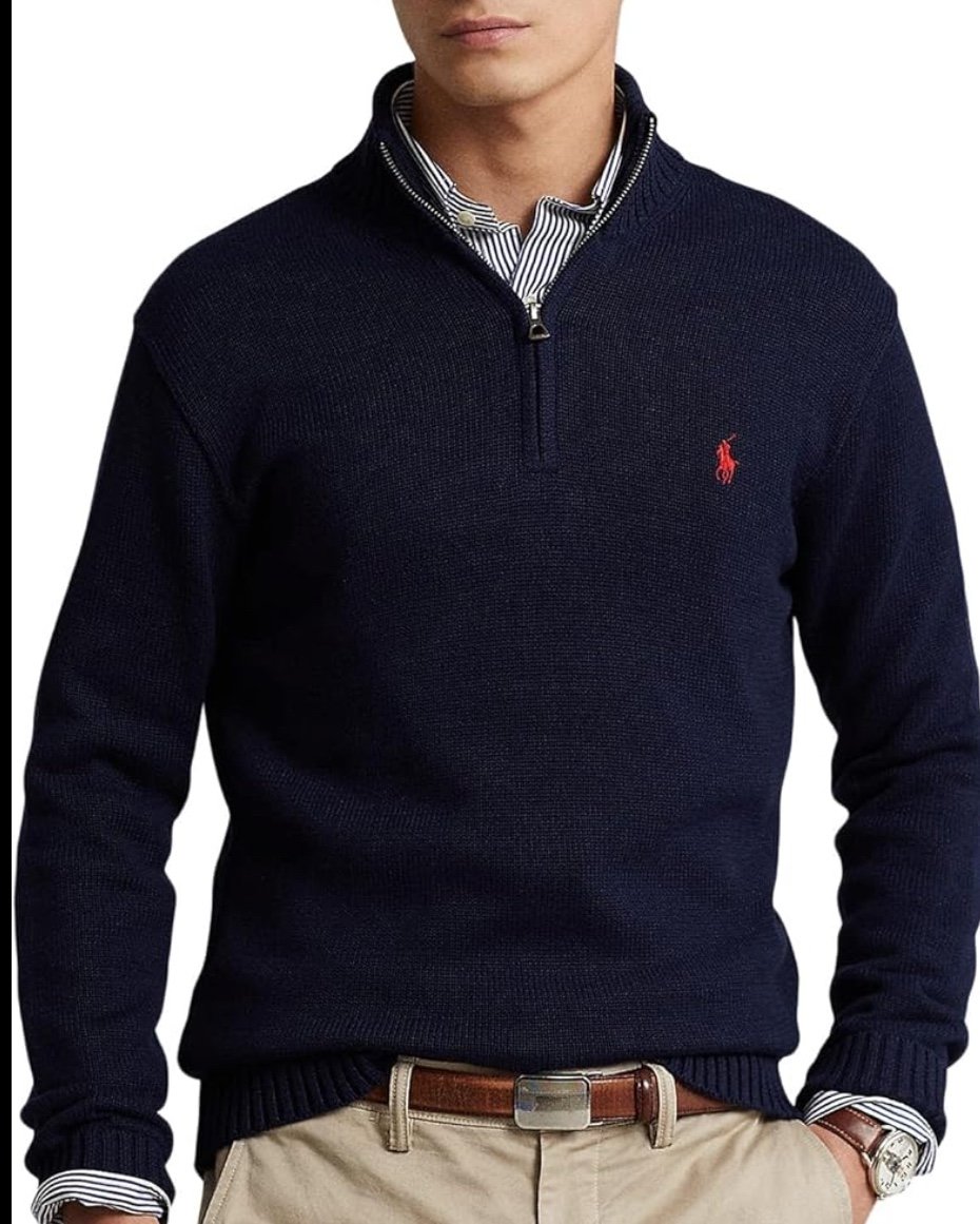 Ralph Lauren Men’s Navy Blue 1/4 Zip Sweater/Red Pony Size Large Excellent!