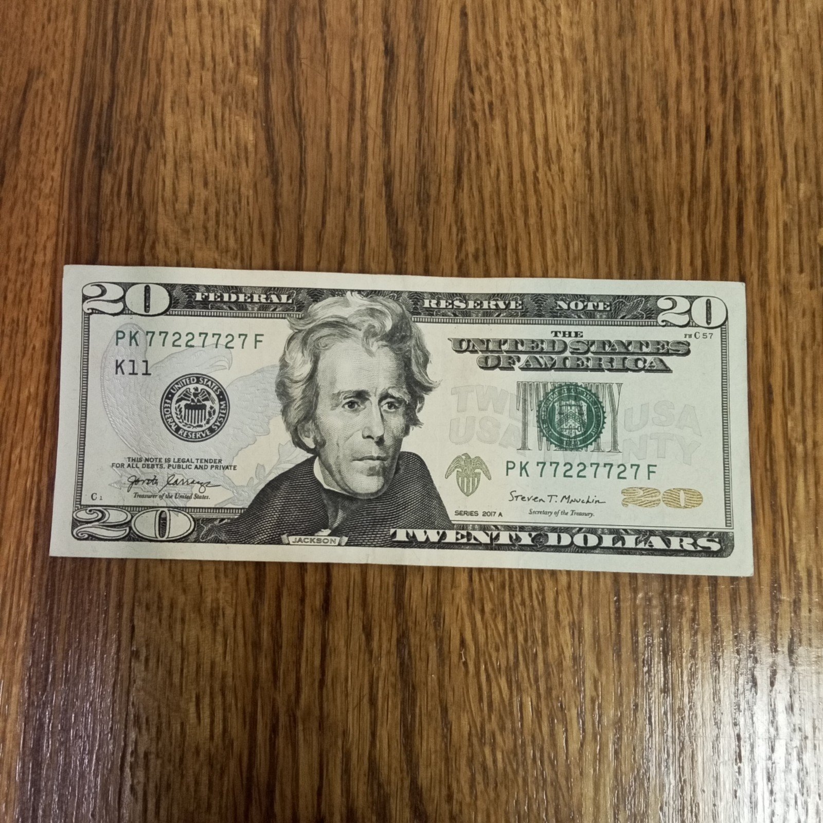 2017A 20 dollar bill 5 of a kind 7s + a 3 of a kind 2s. Serial No. PK77227727F