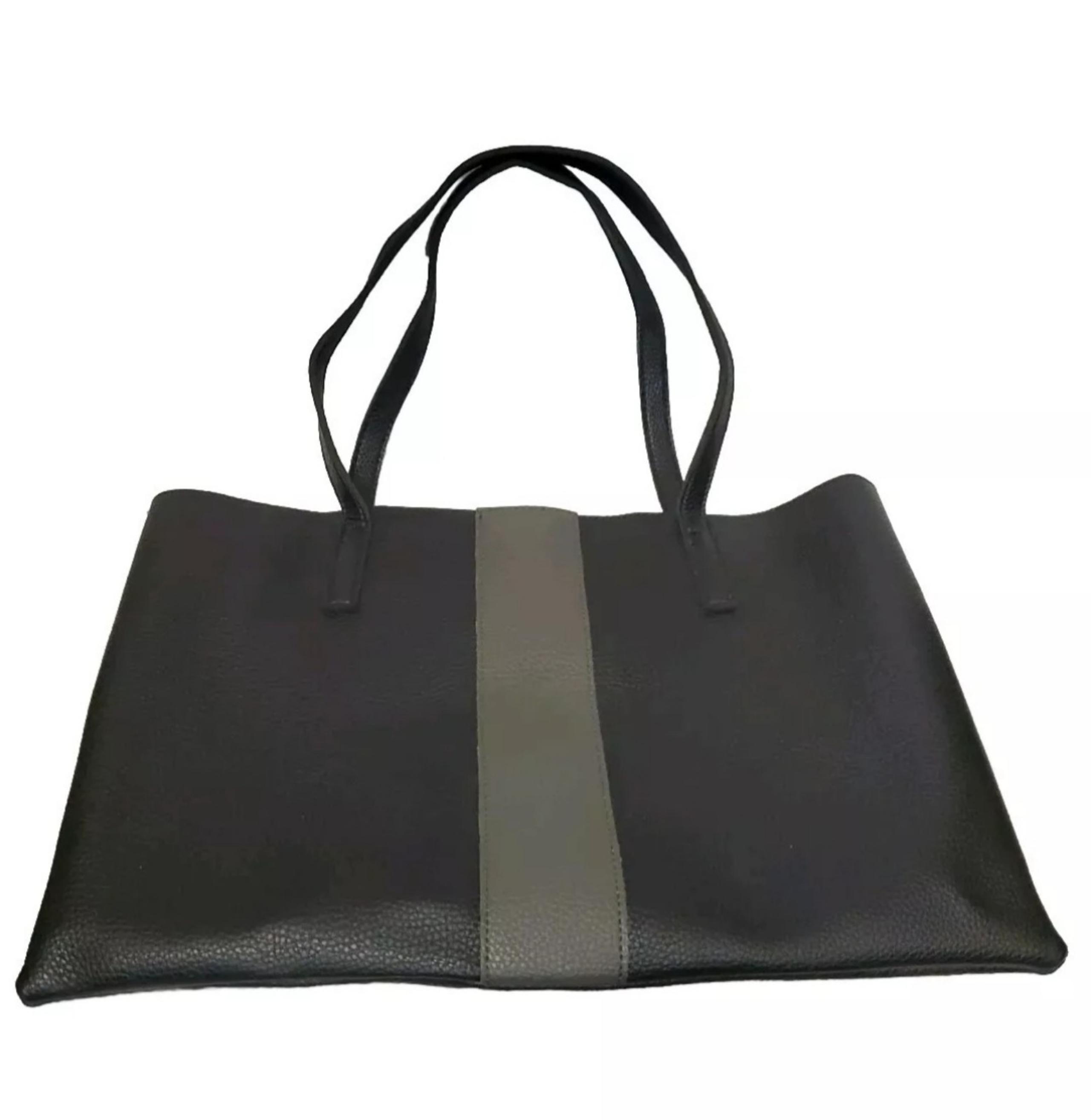 Vince Camuto Pebbled Black Grey Leather Laptop Slim Tote Shoulder Bag Purse