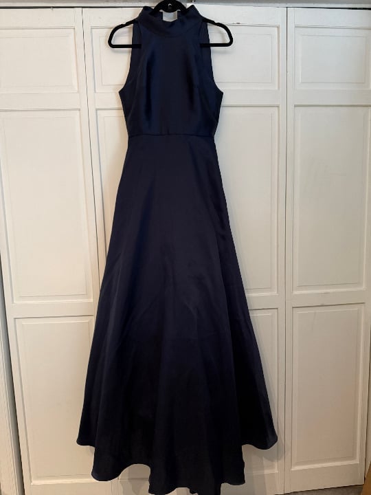 ML Monique Lhuillier Navy Halter Satin Gown