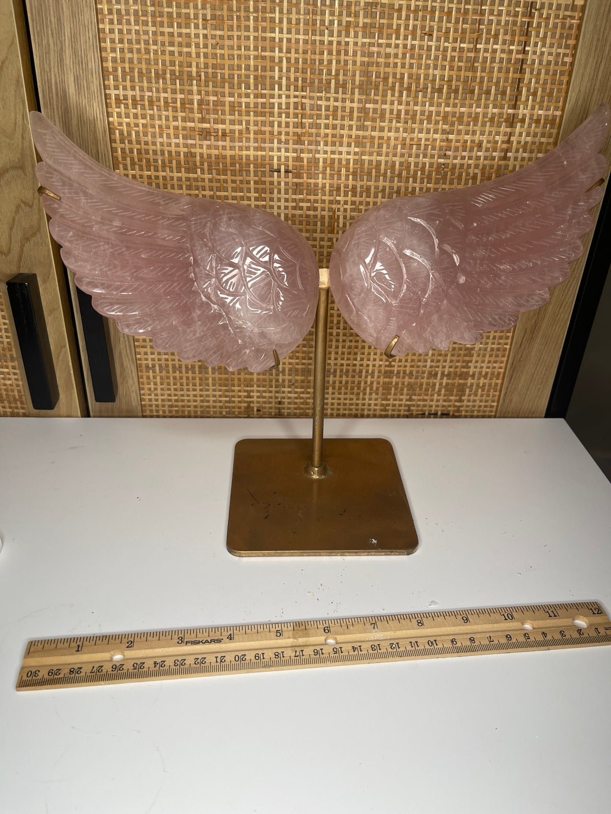 Rose quartz crystal wings on stand