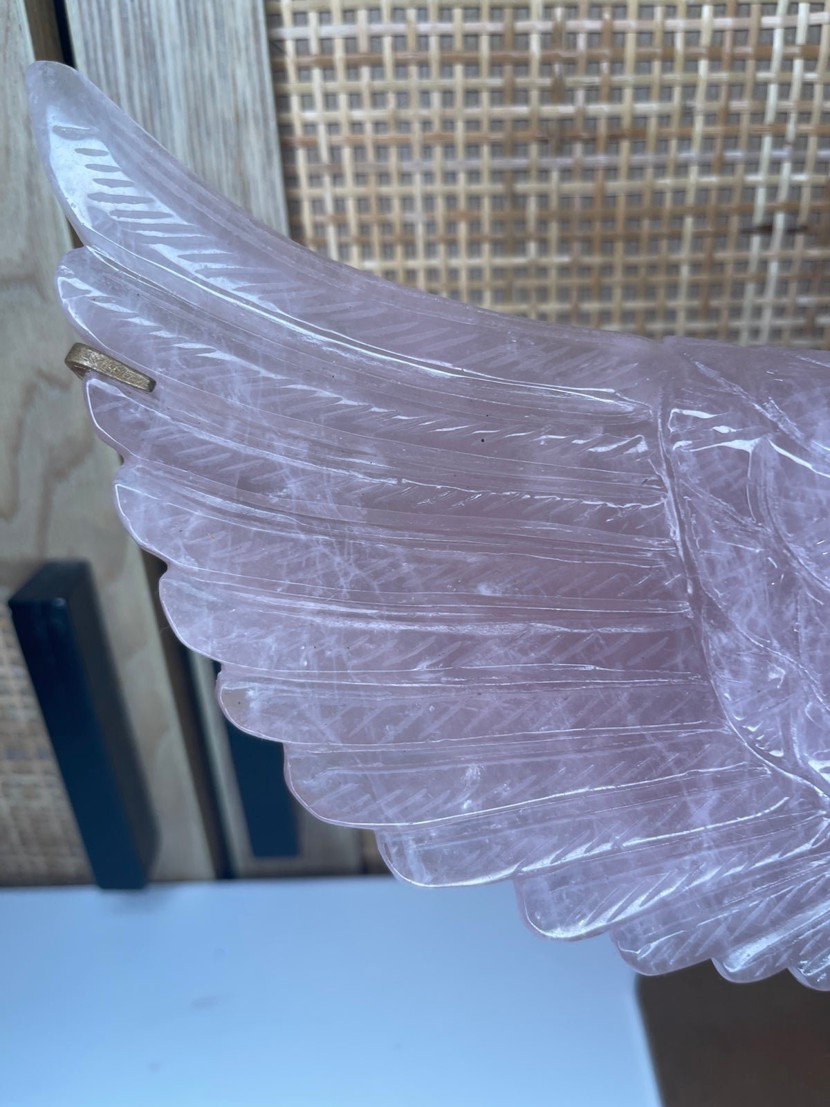 Rose quartz crystal wings on stand