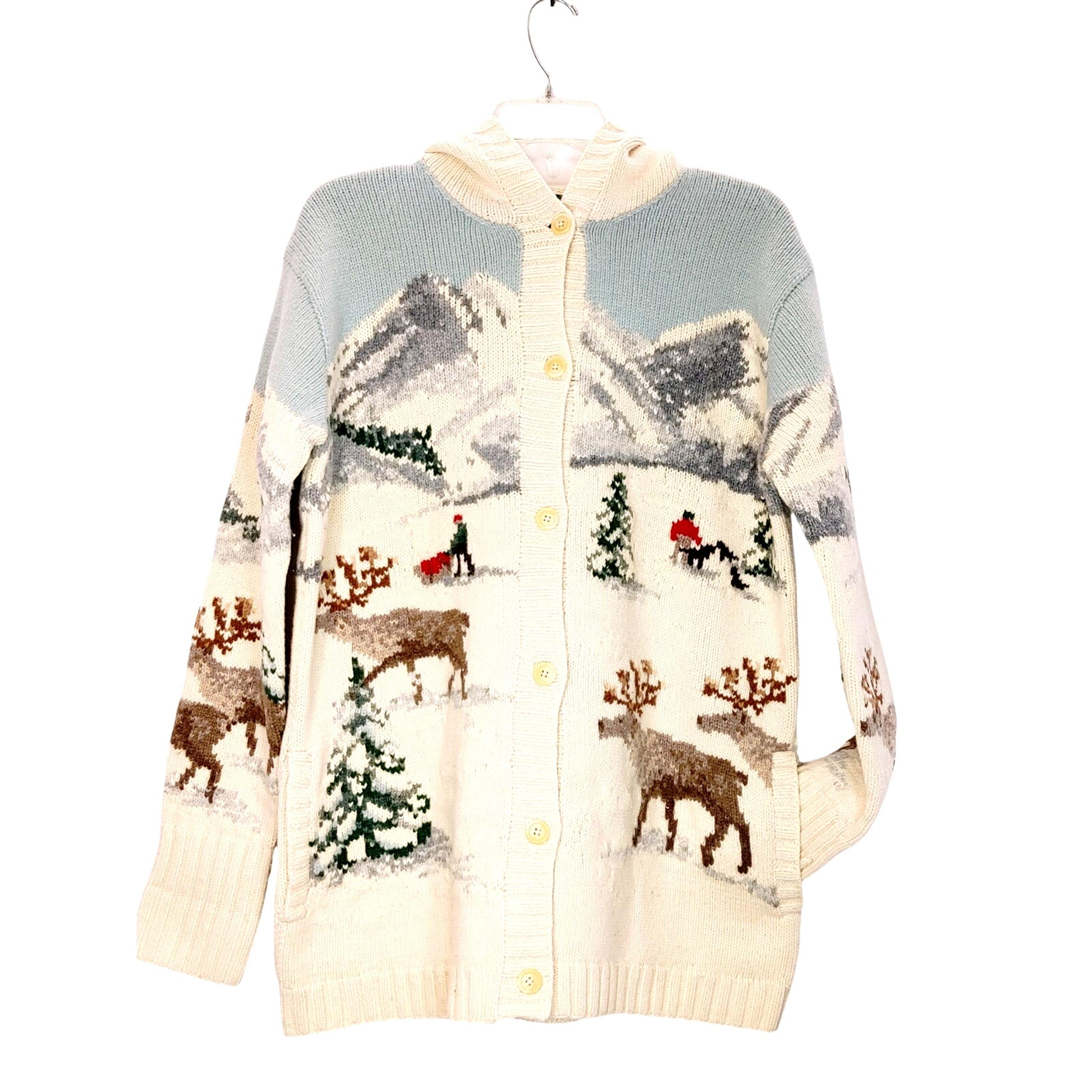 Vintage Lauren Ralph Lauren Christmas Hooded Cardigan Sweater Multicolor Wmns M