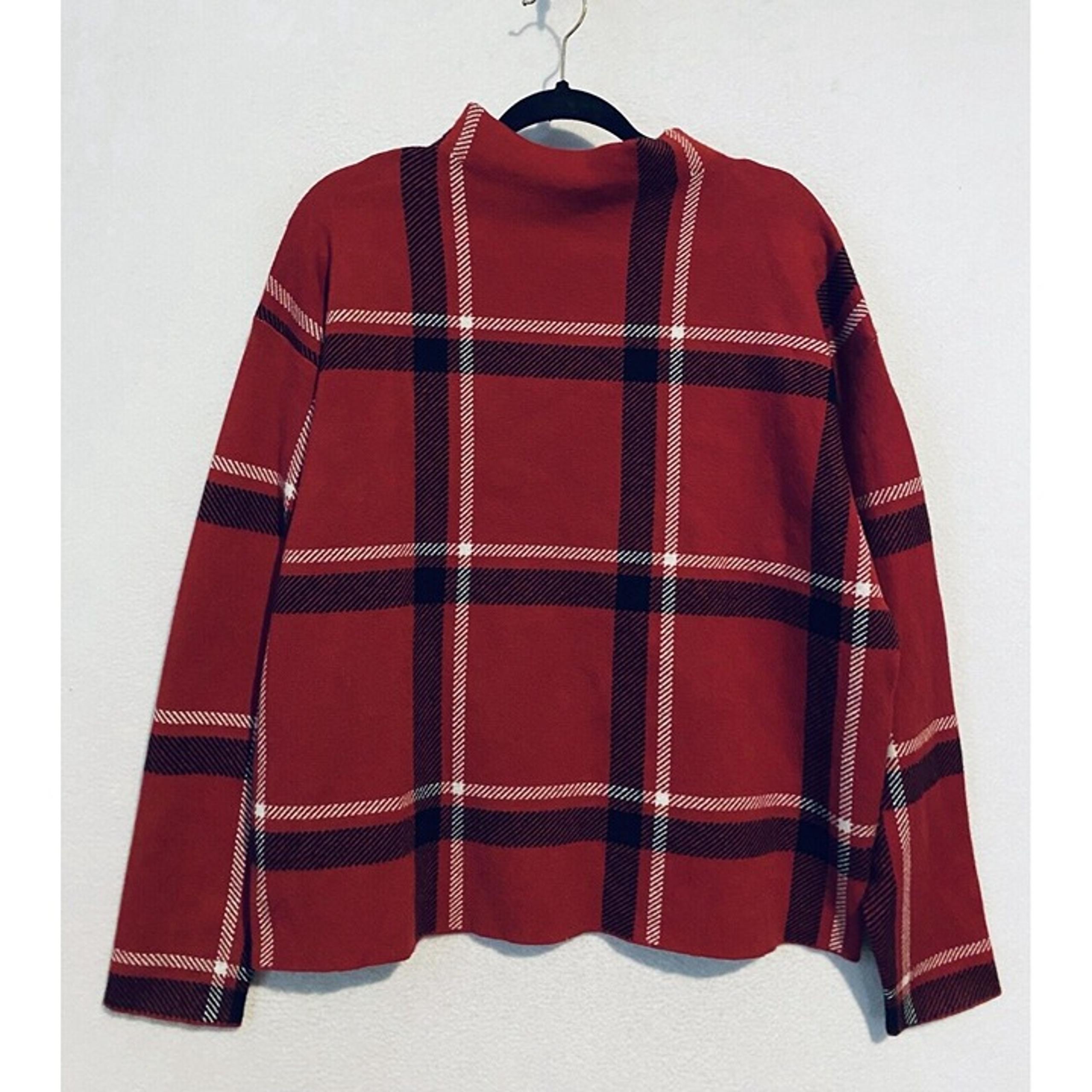 Tahari Sweater Womens XL Red Black Windowpane Plaid Mock Neck Cozy Comfy