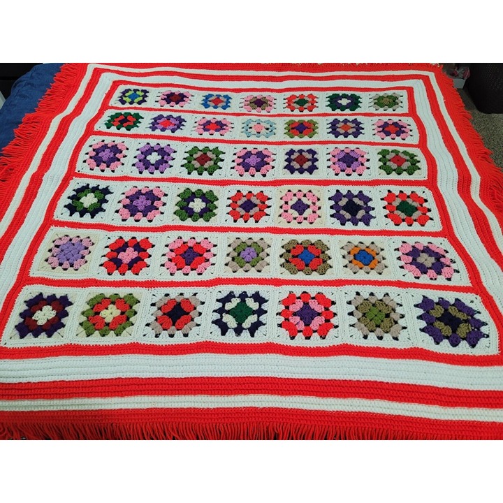 Crocheted Multi-Color Granny Square Afghan 51x 51 Throw Blanket Christmas fringe
