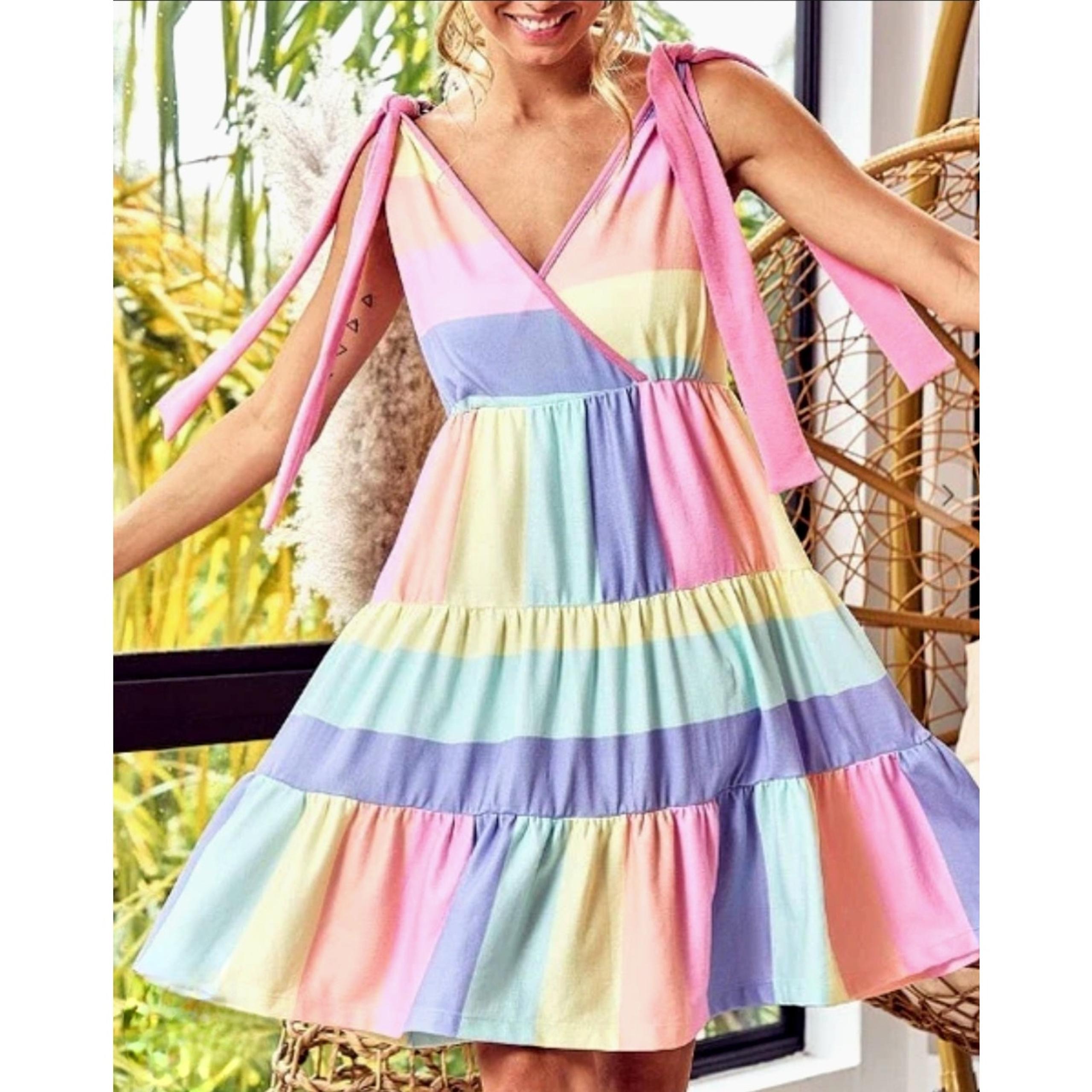 BiBi pastel colorblock colorful dress with bow tie sleeves sz Large