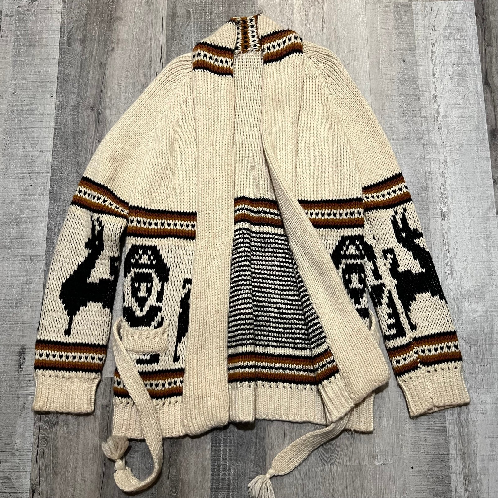 VTG 1970s Southwestern Cream Wool Robe Style Open Front Sweater Shawl Cardigan