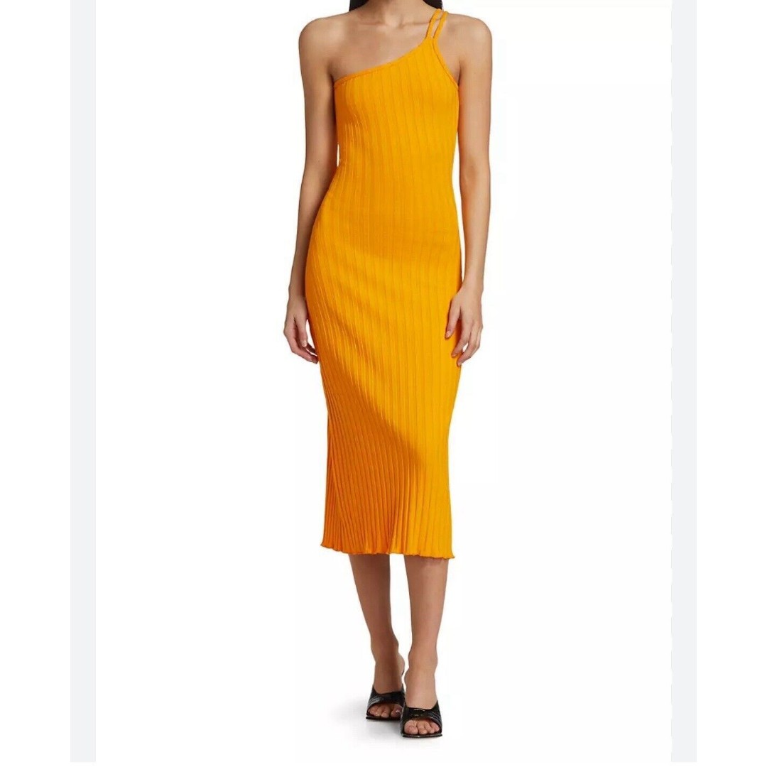 Simon Miller Ribbed One Shoulder Oline Orange Saffron Bodycon Midi Dress M