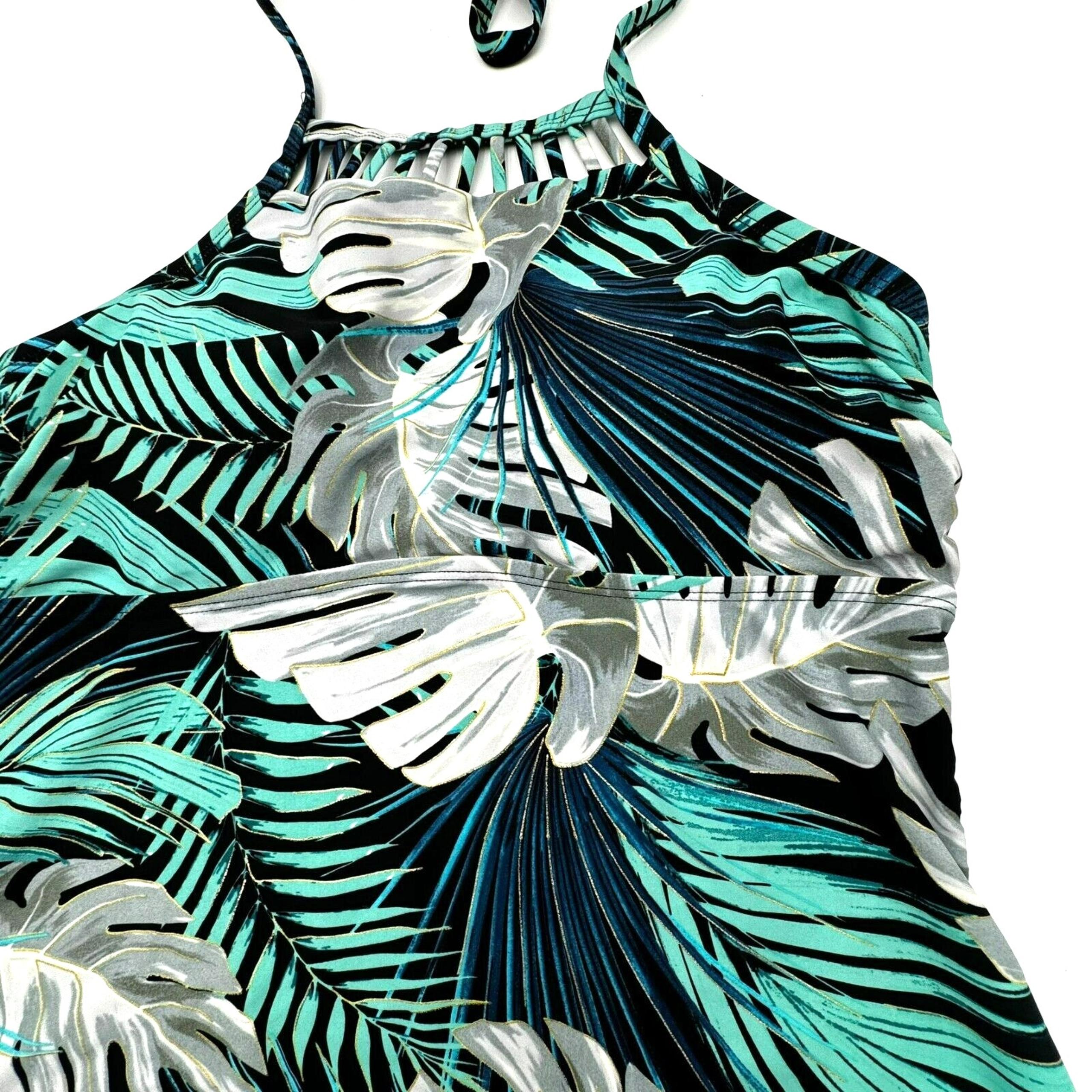 ST JOHN'S BAY Women's 12 Tropical Palm Leaf Santorini Blue Tankini Swimsuit Top