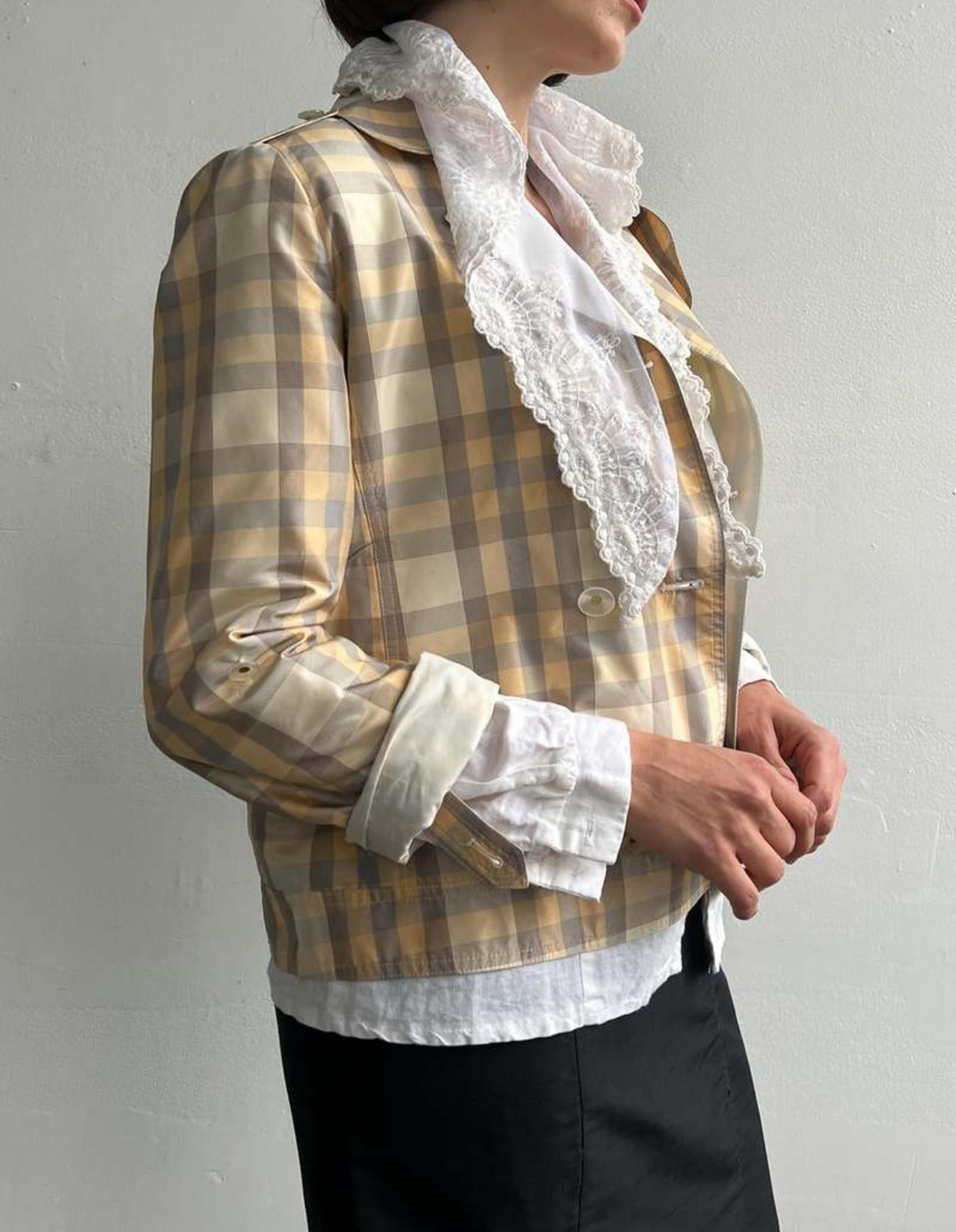 Armani Collezioni 100% Silk Blazer Jacket Yellow Gray Plaid Size 10 Sporty Golf
