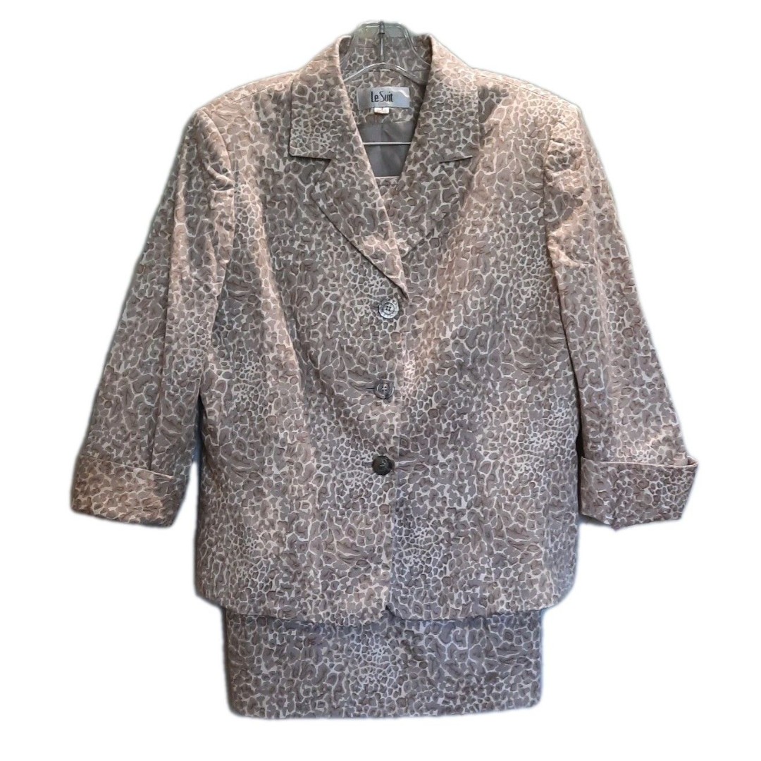 Le Suit Animal Print Skirt Suit 2 Piece Set Gray Beige Cheetah Leopard Size 12