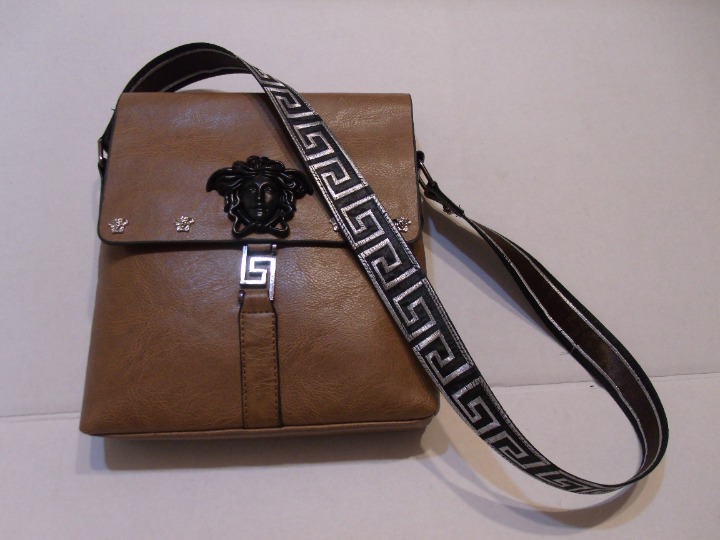 Retro Camel Soft PU Leather Shoulder Bag with Black Medusa & Silver Medusa Studs