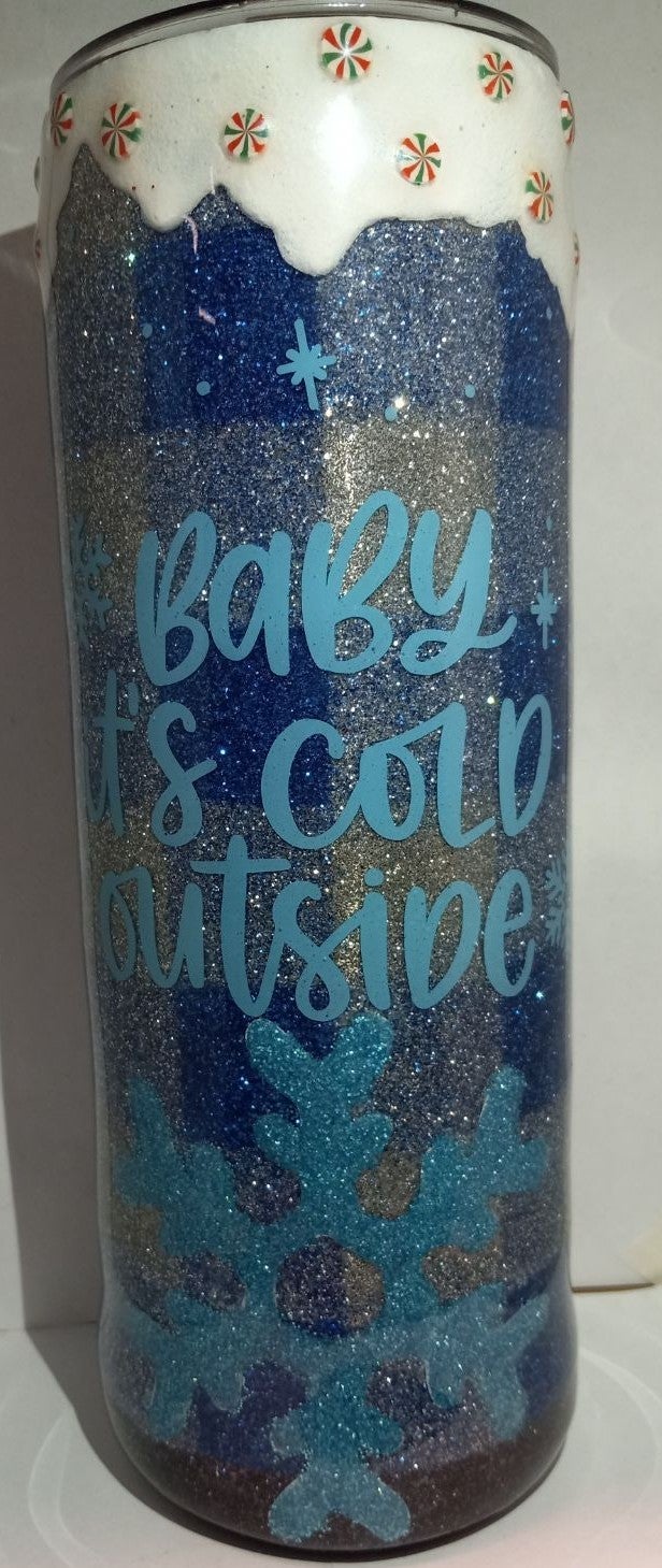 Baby it's cold outside blue plaid custom tumbler