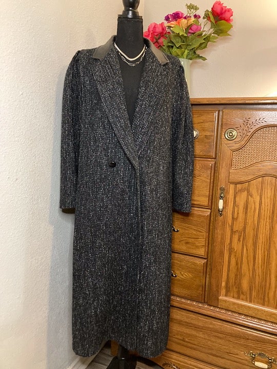 BBI Black Women's Vintage Textured Tweed Wool Overcoat w/ Leather Trim L XL