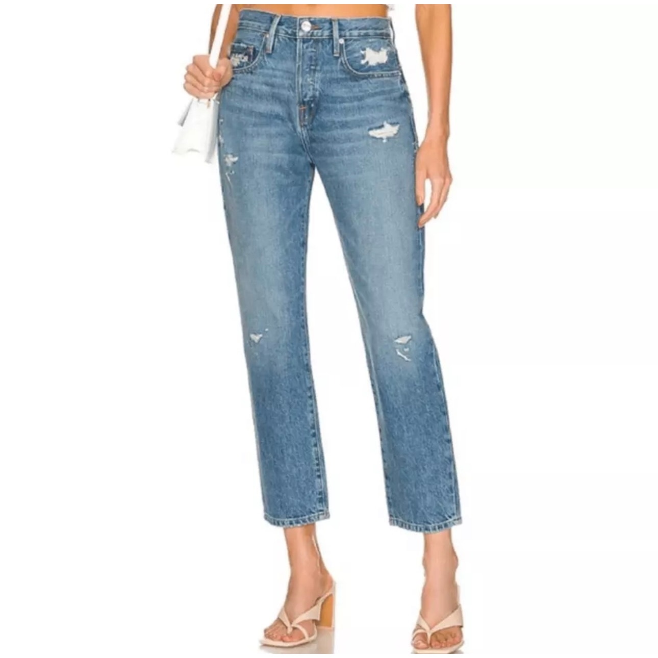 FRAME Le Original Distressed High Waisted Button Fly Straight Leg Denim Jeans