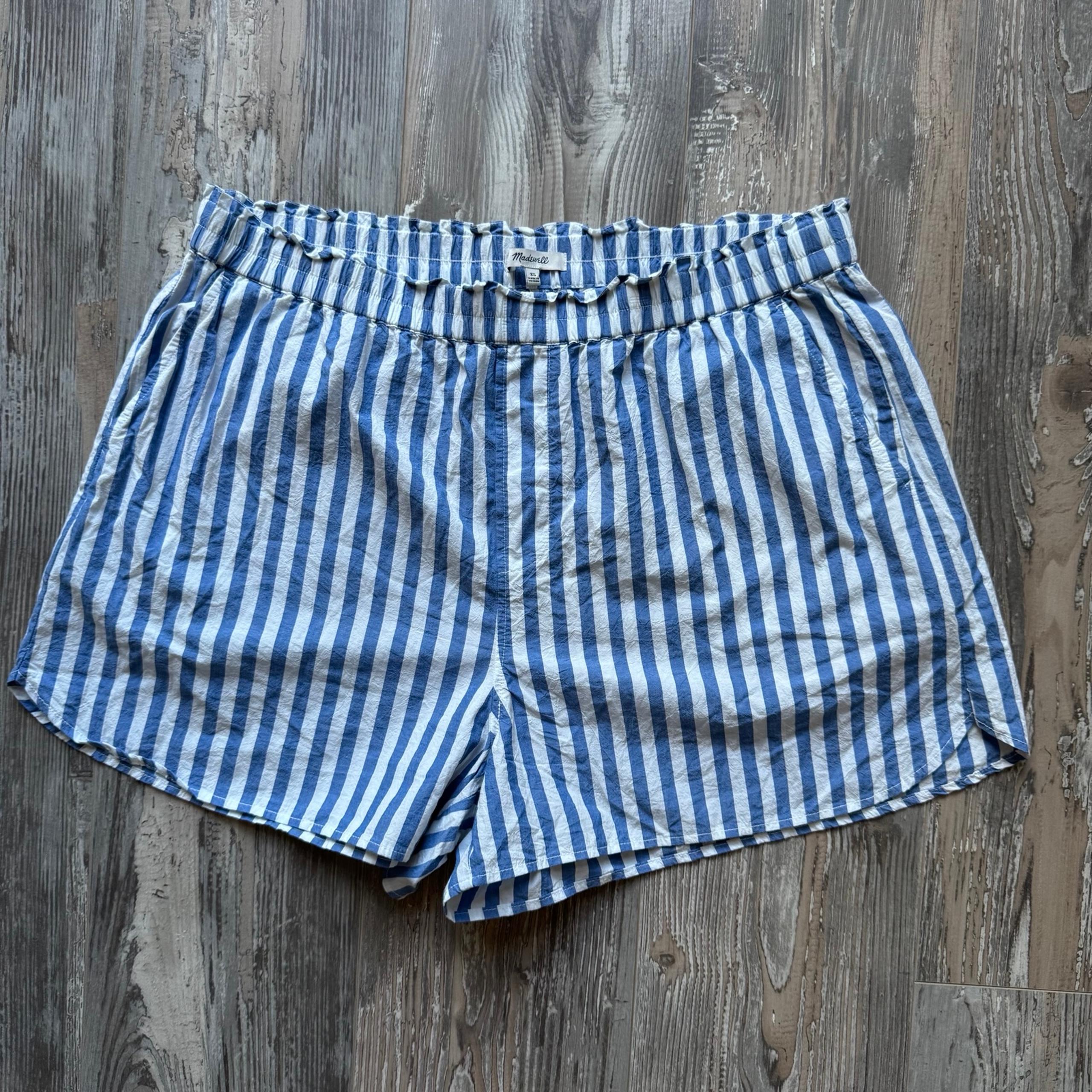 Women’s Striped Madewell Shorts Elastic Waistband Blue White Stripes XL Pockets
