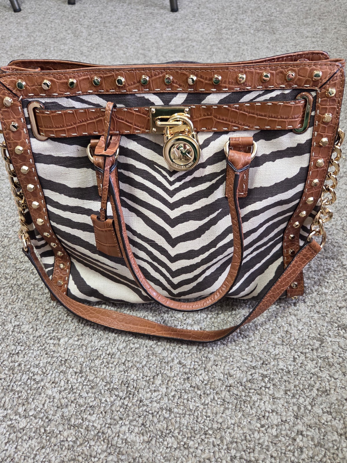 Michael Kors Hamilton Zebra Large Handbag Lock and Key Leather Trim and Rivets