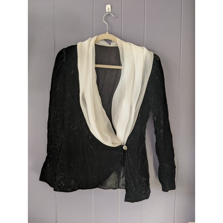 Vintage Velvet Wrap Shirt With Chiffon Statement Neck 1950-60s Rhinestone clasp