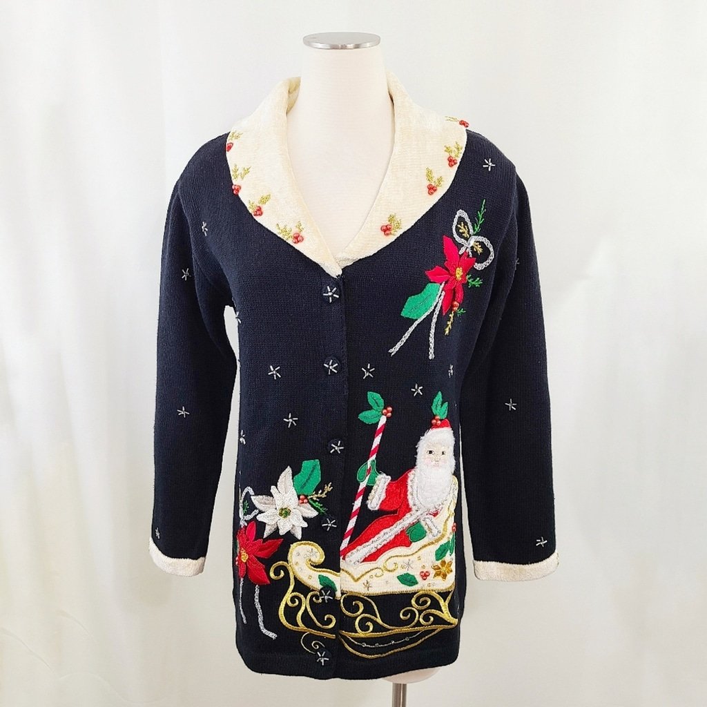 Storybook Knits Christmas cardigan sweater Santa Sleigh poinsettia size small