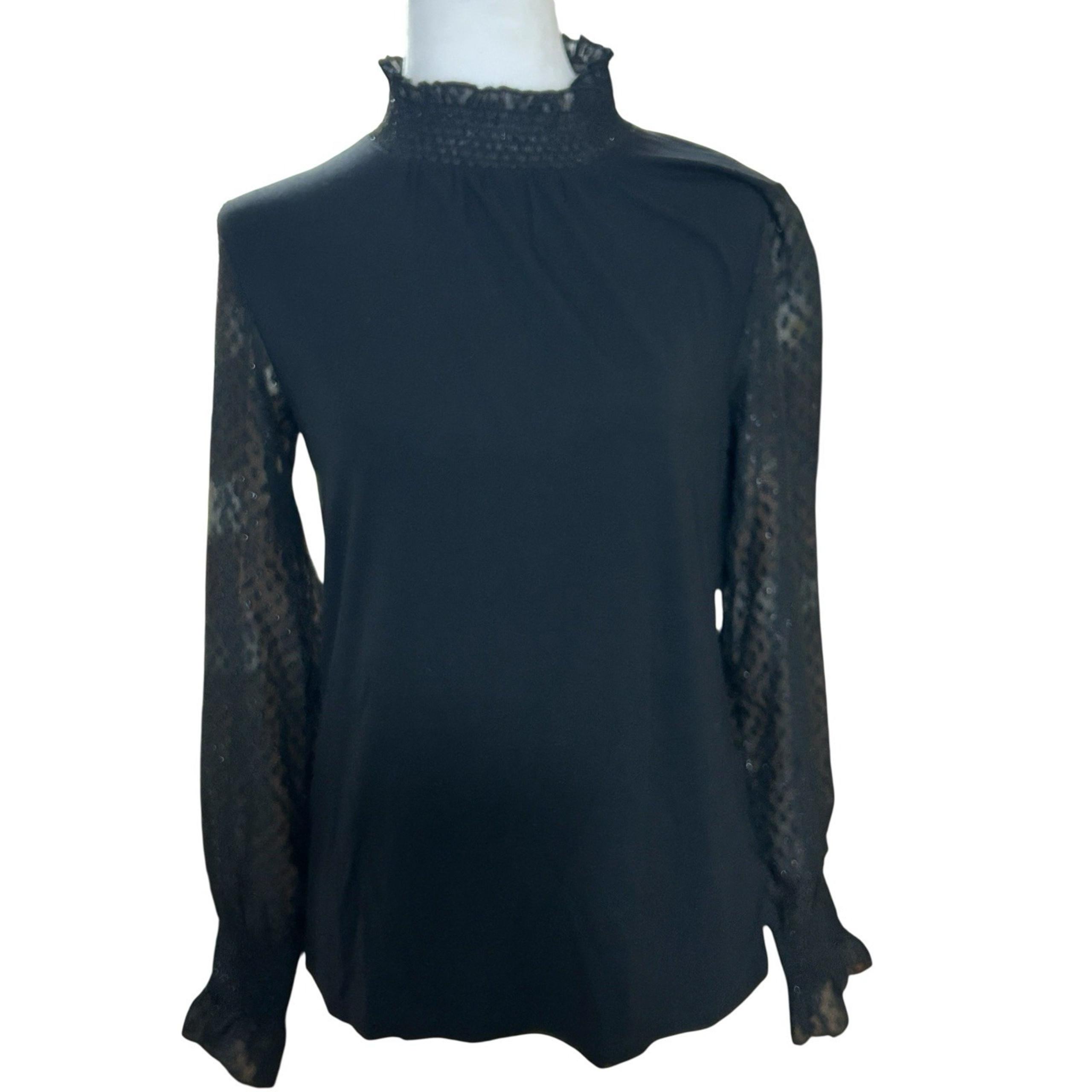 Talbots Sheer Long Sleeve, Ruffled Neck Top Black Sz S